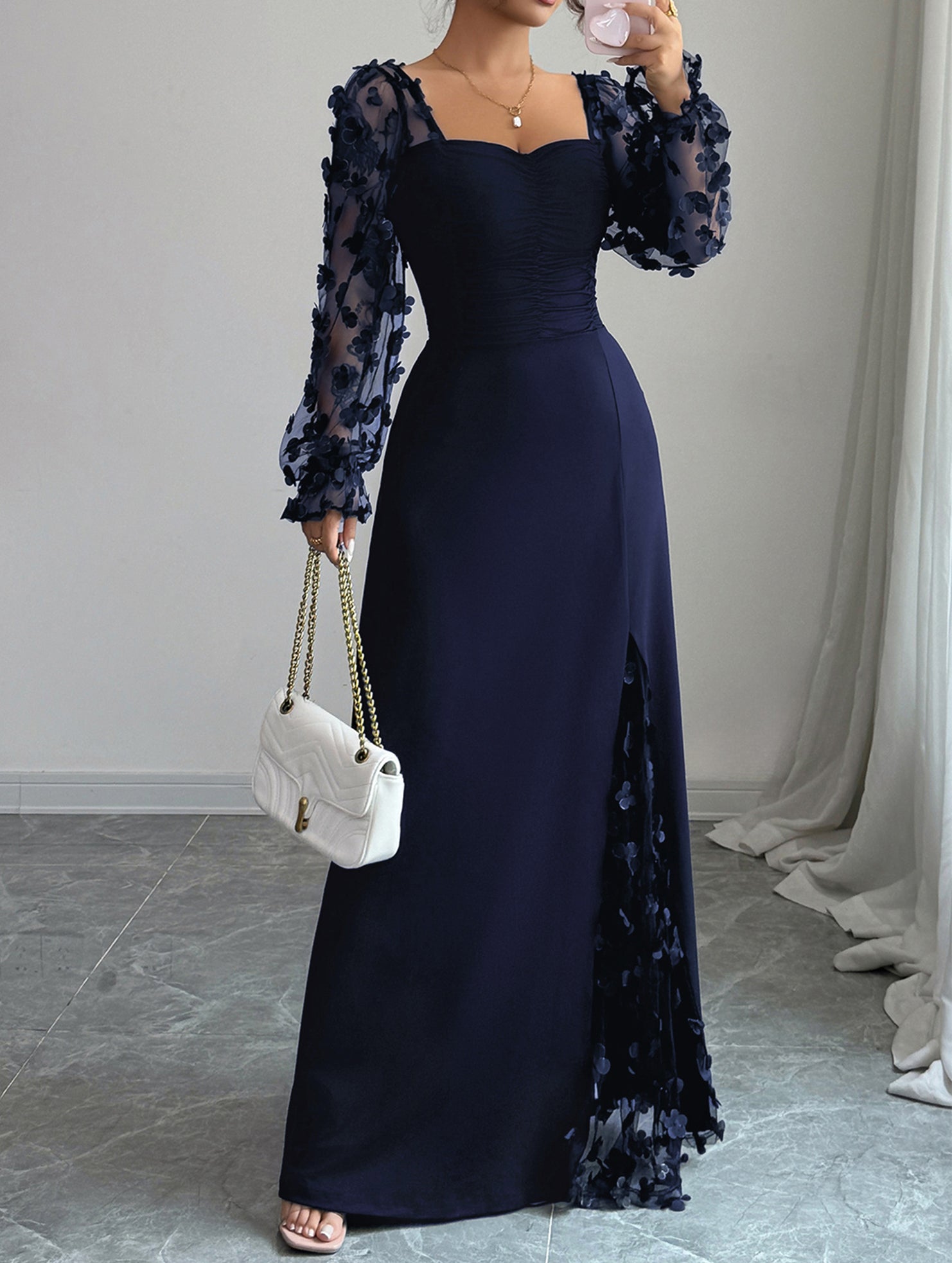 Retro-style hollowed-out long-sleeved dress