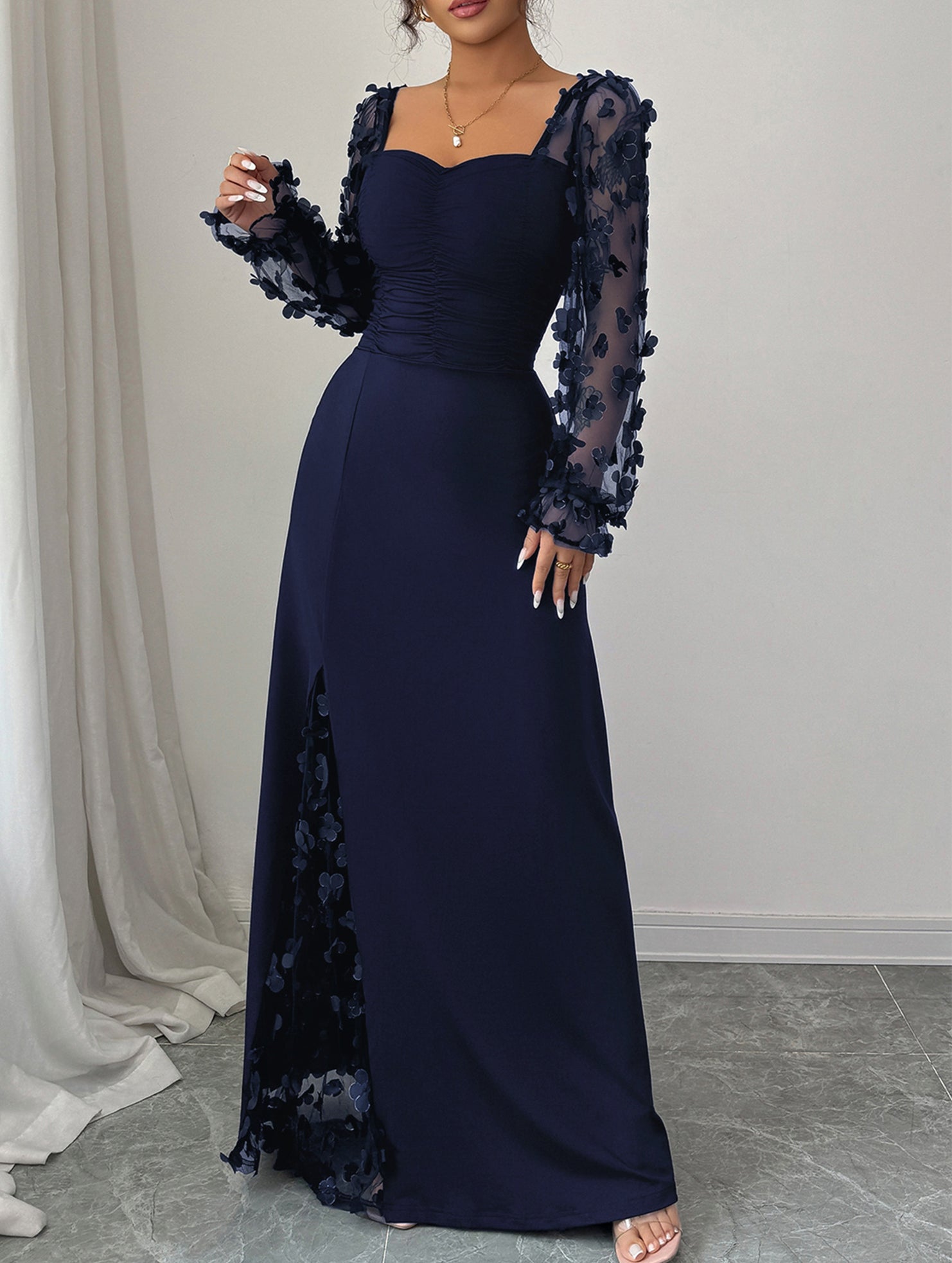 Retro-style hollowed-out long-sleeved dress