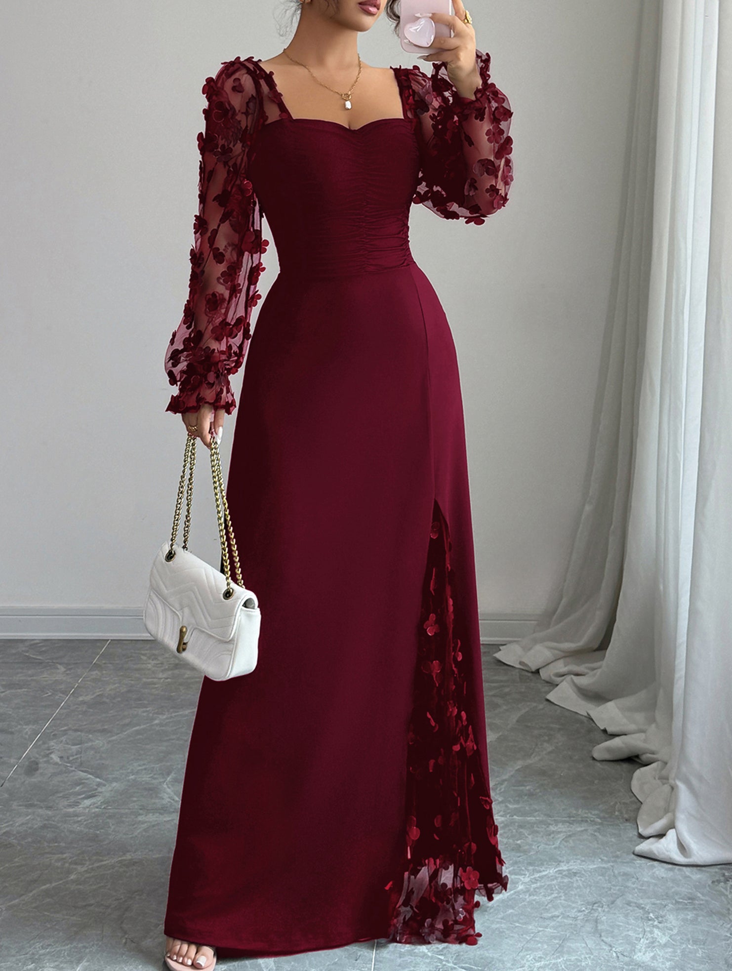 Retro-style hollowed-out long-sleeved dress