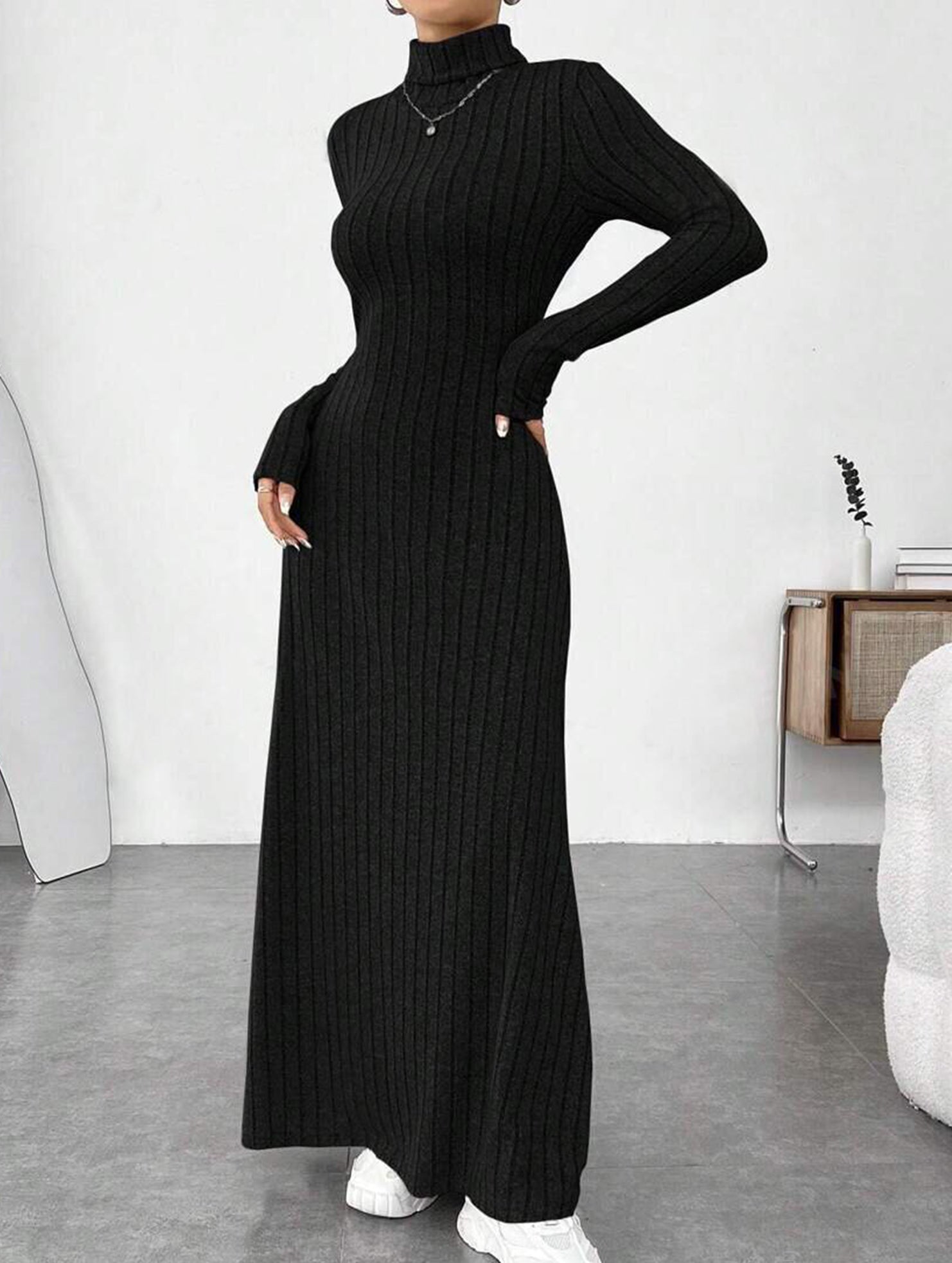 Solid color ribbed brushed long-sleeved dress