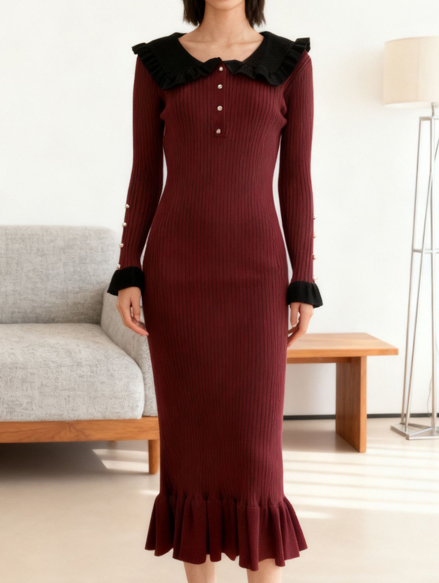 Retro ruffled knit dress