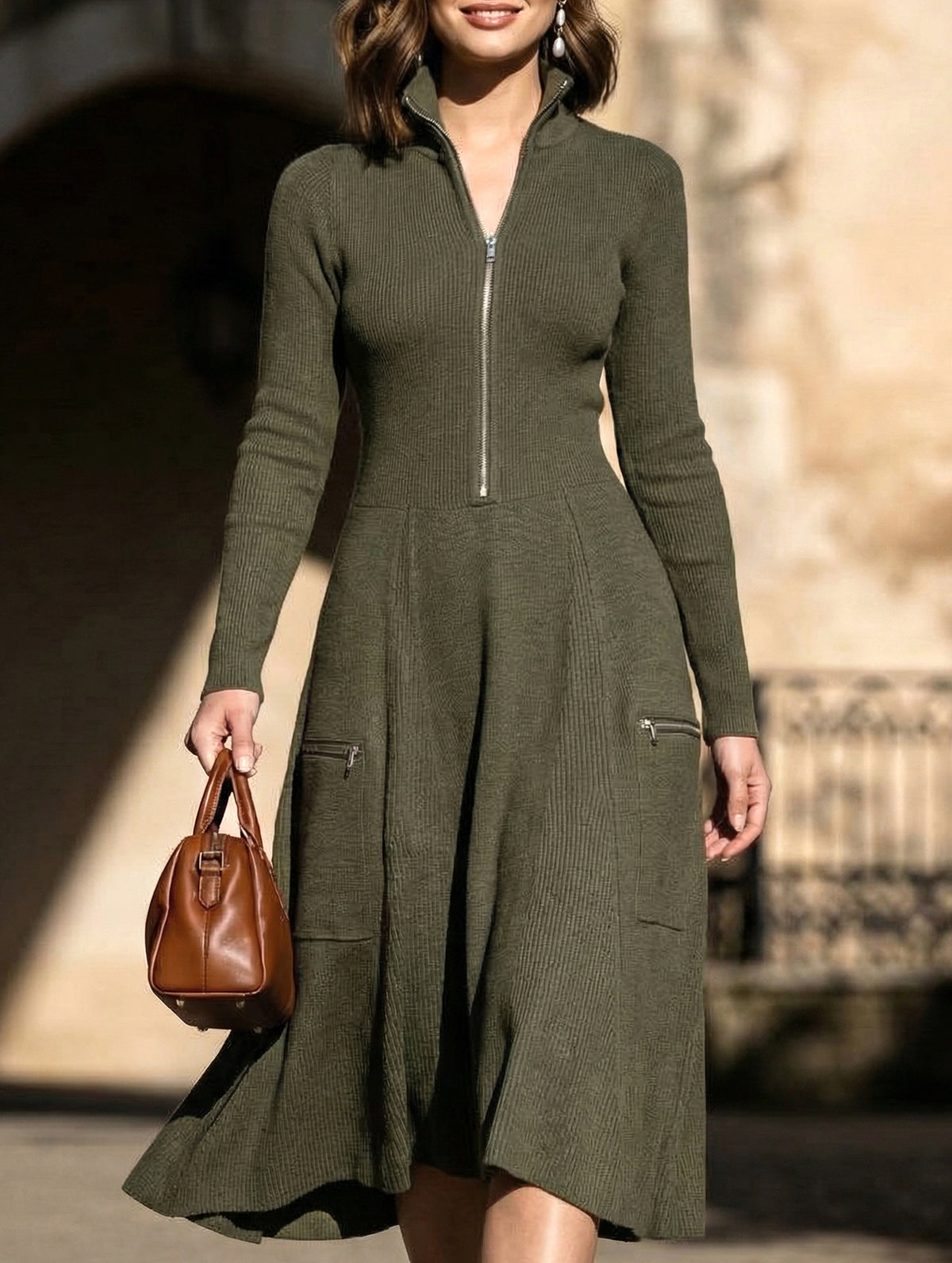 Zippered Pocket Long Sleeve Fitted Waist Dress