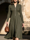 Zippered Pocket Long Sleeve Fitted Waist Dress