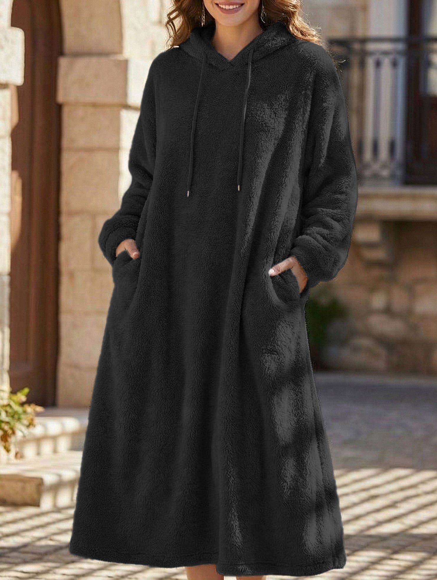 Loose-fitting hooded long-sleeved dress