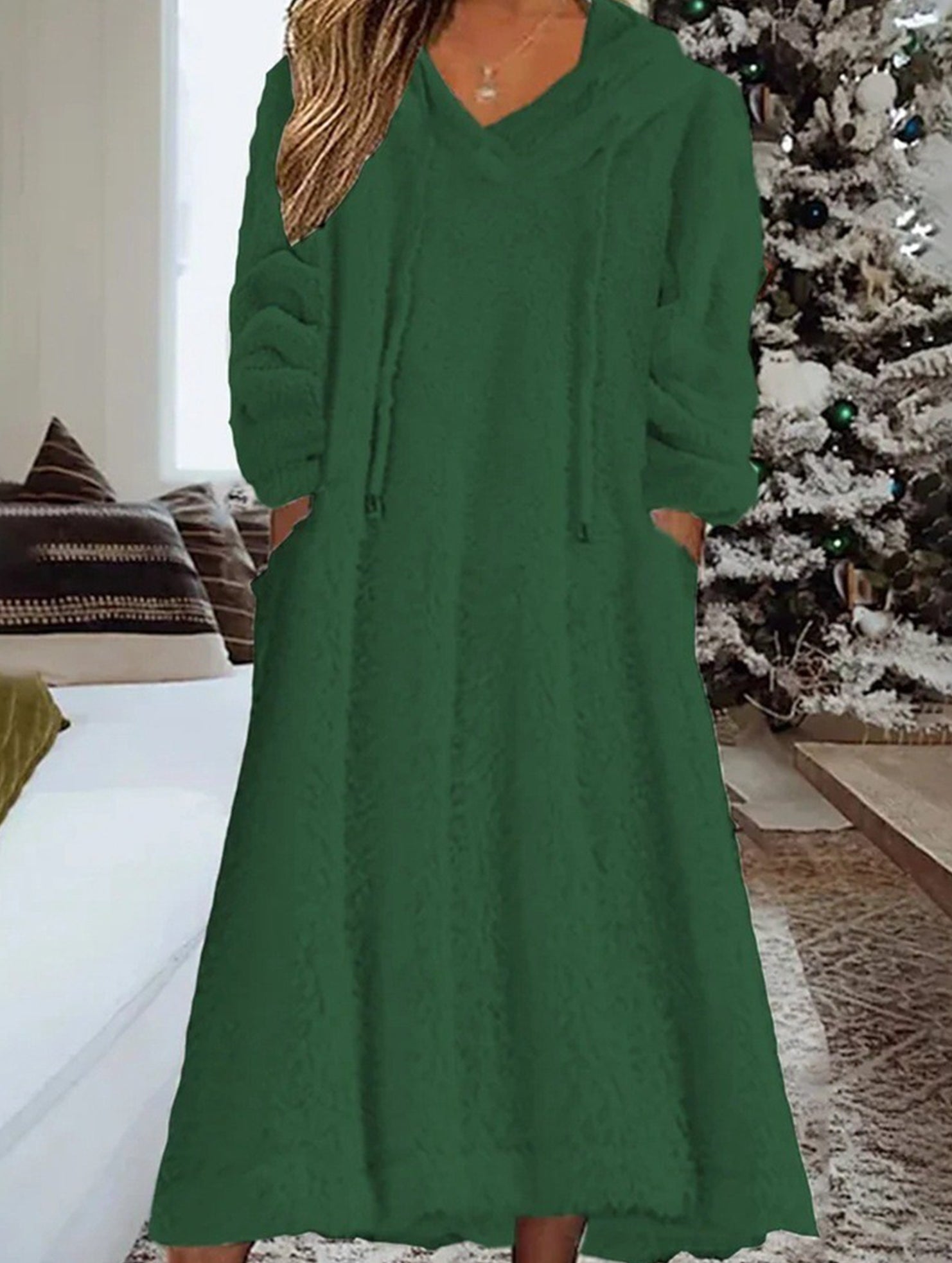 Loose-fitting hooded long-sleeved dress
