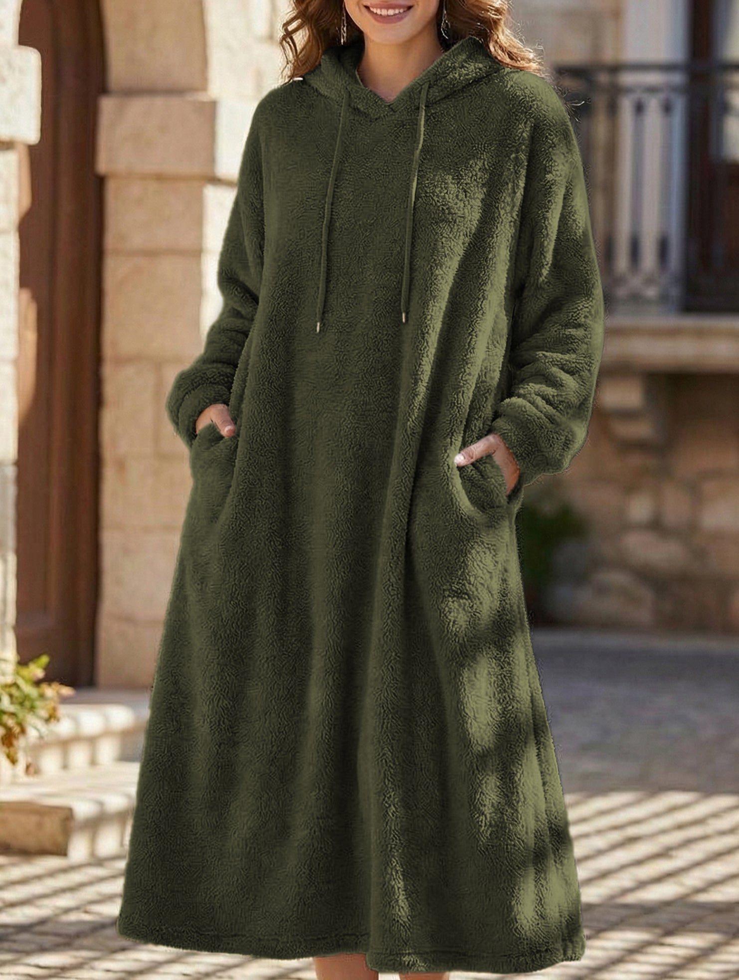 Loose-fitting hooded long-sleeved dress