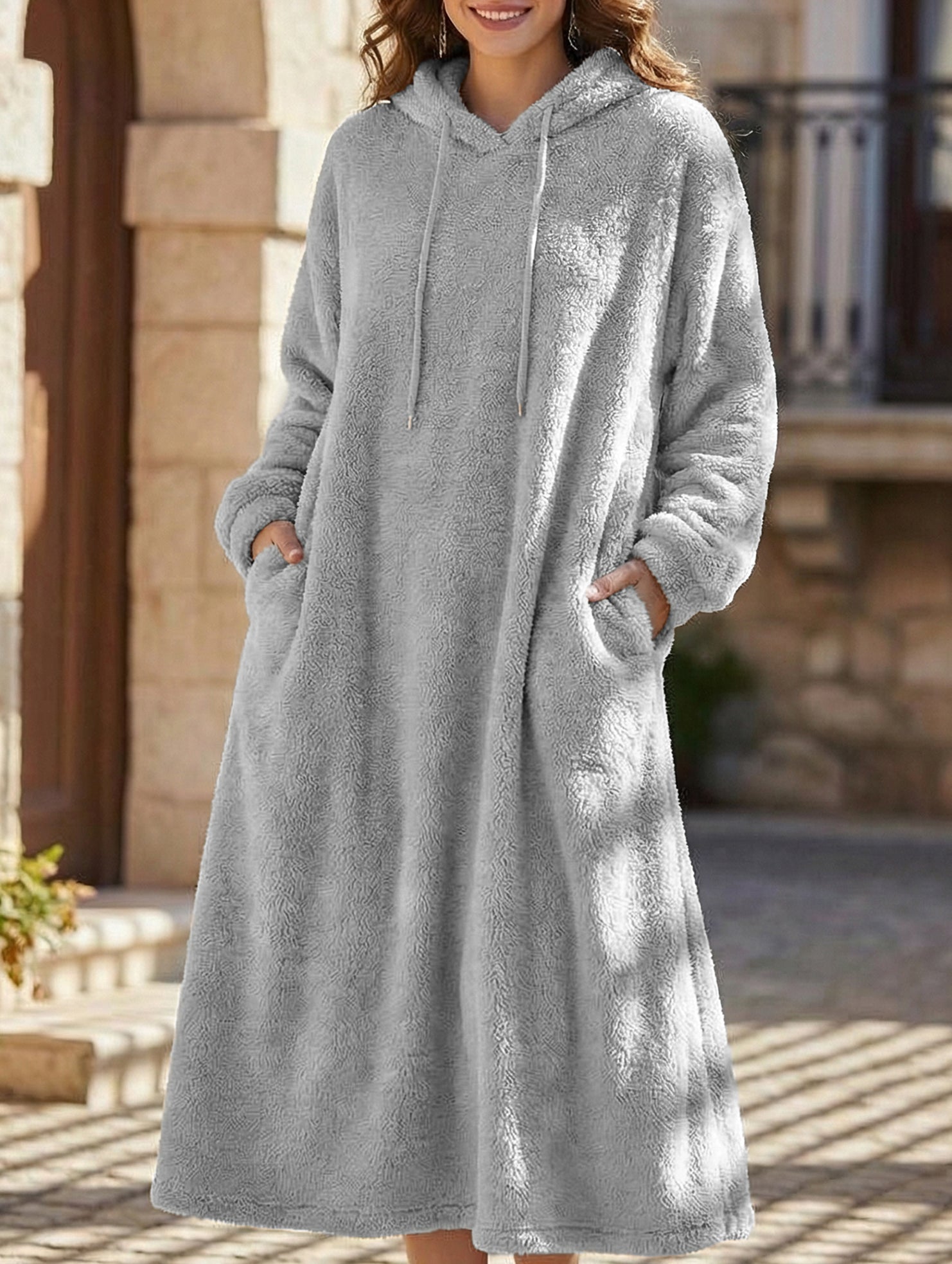 Loose-fitting hooded long-sleeved dress