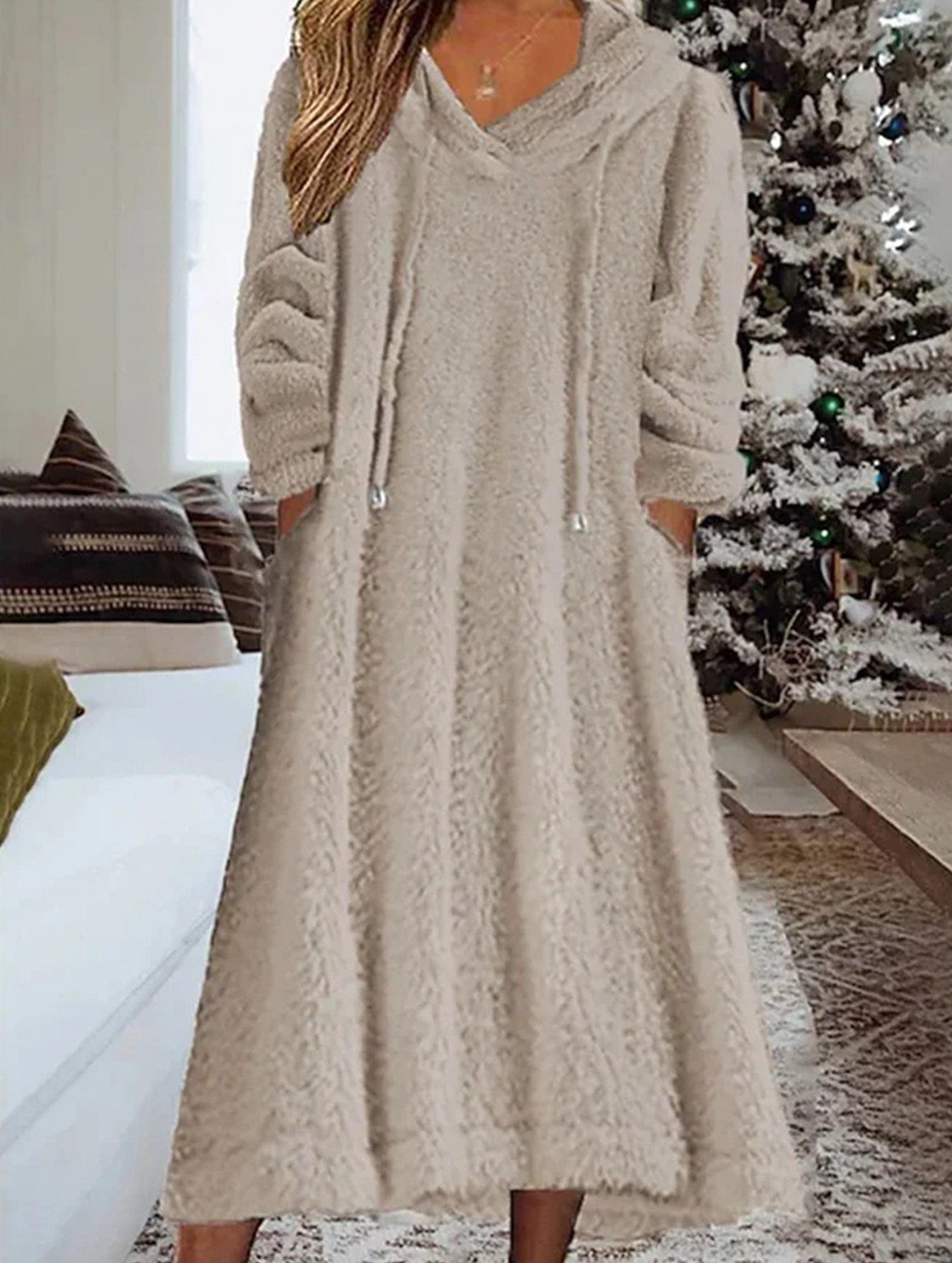 Loose-fitting hooded long-sleeved dress