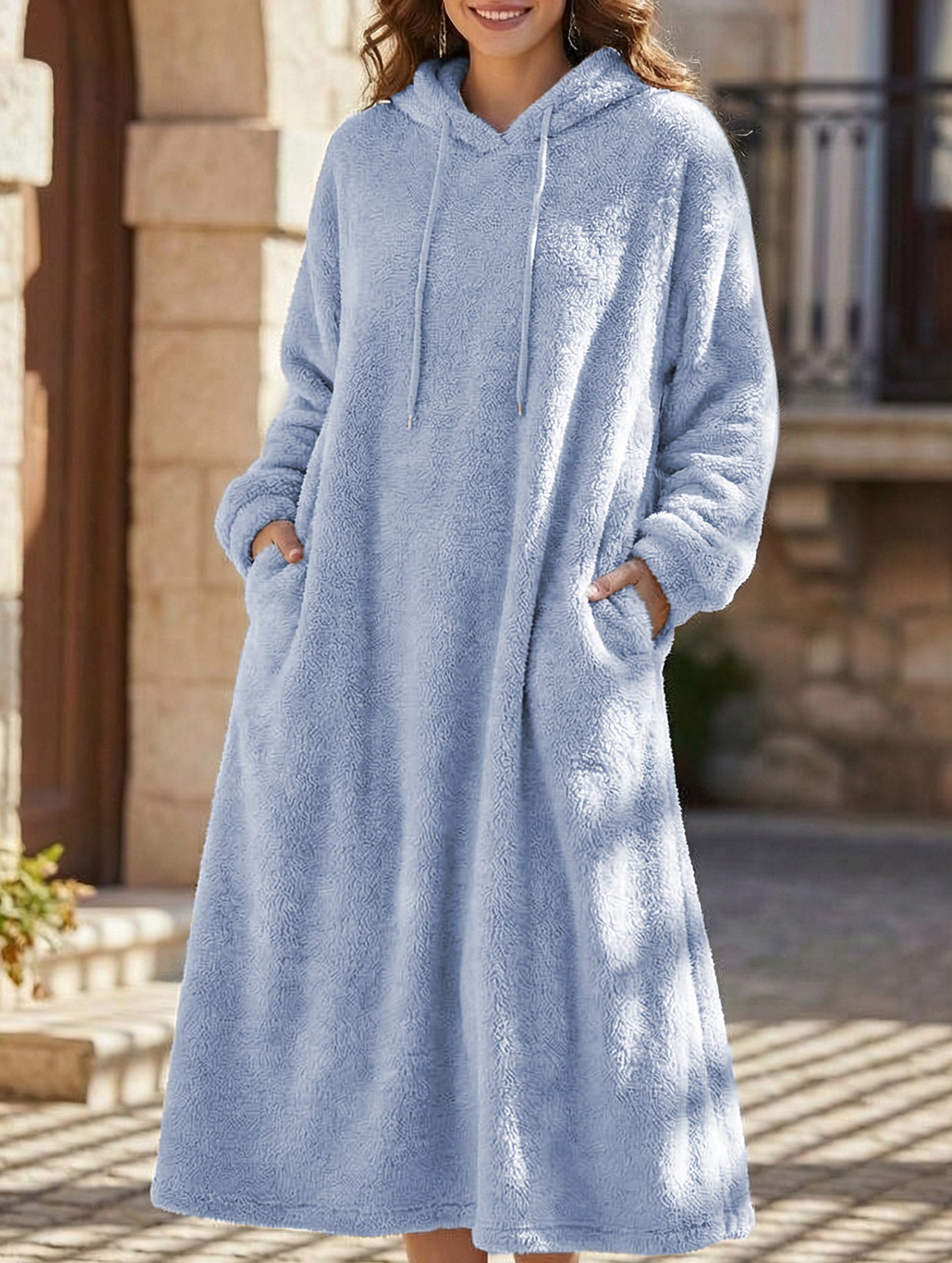Loose-fitting hooded long-sleeved dress