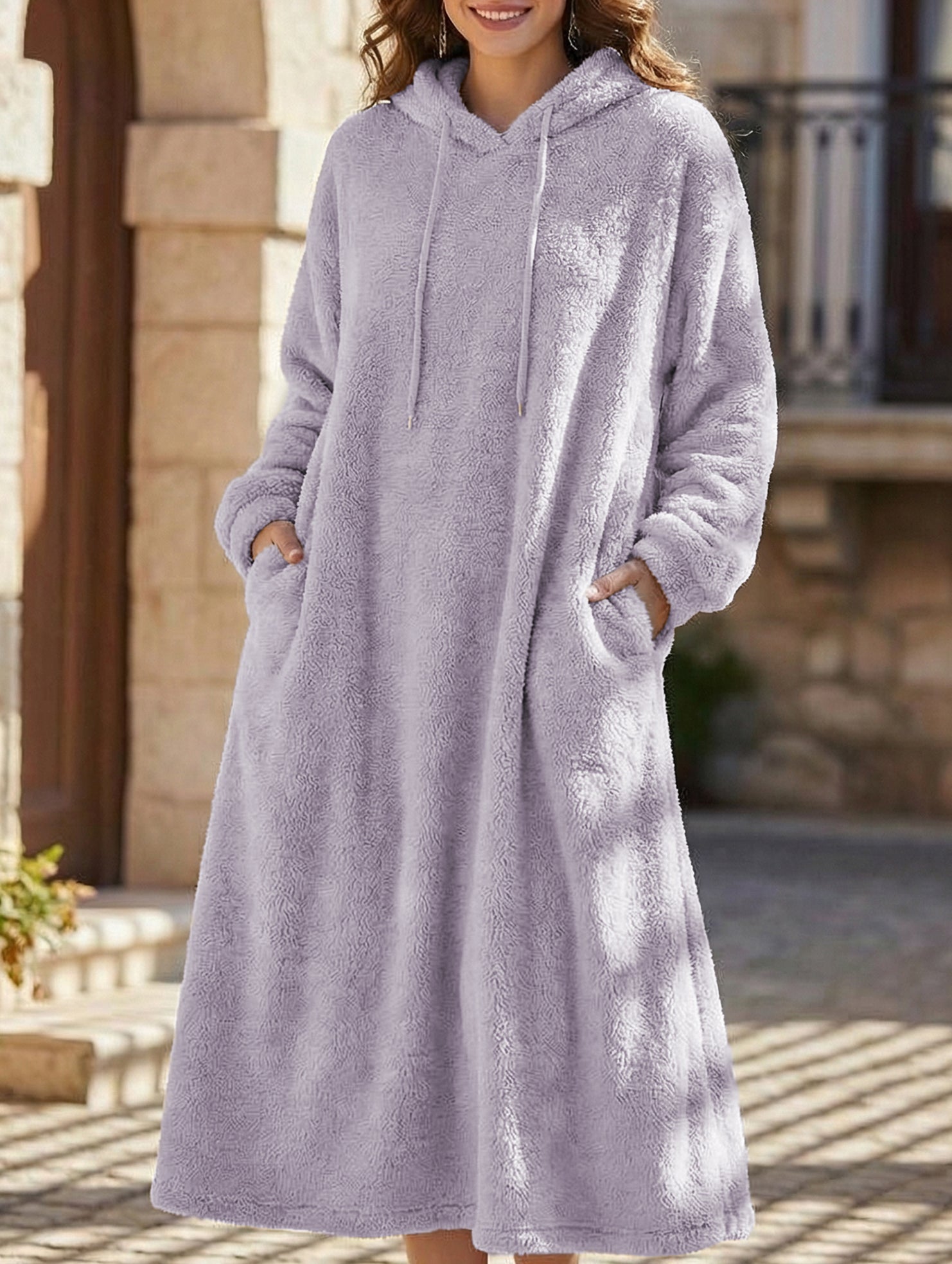 Loose-fitting hooded long-sleeved dress
