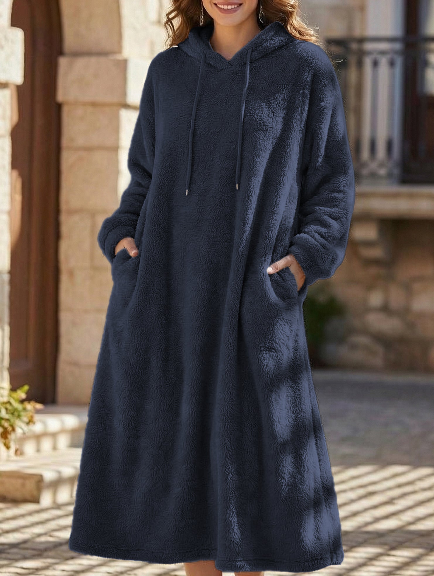 Loose-fitting hooded long-sleeved dress