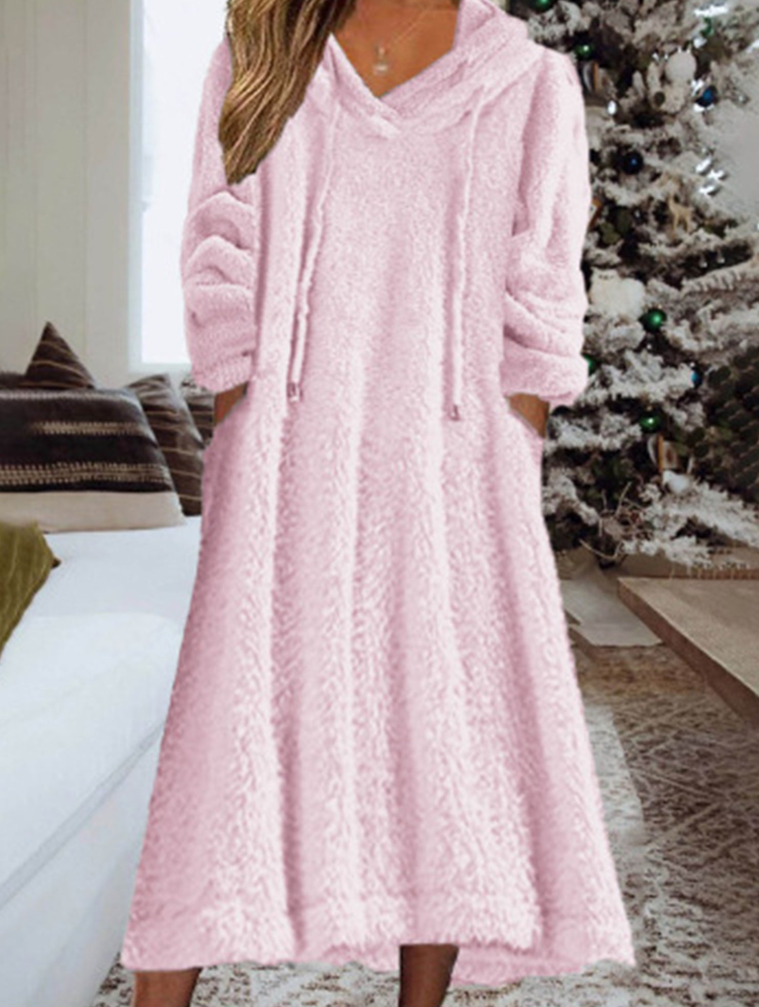 Loose-fitting hooded long-sleeved dress