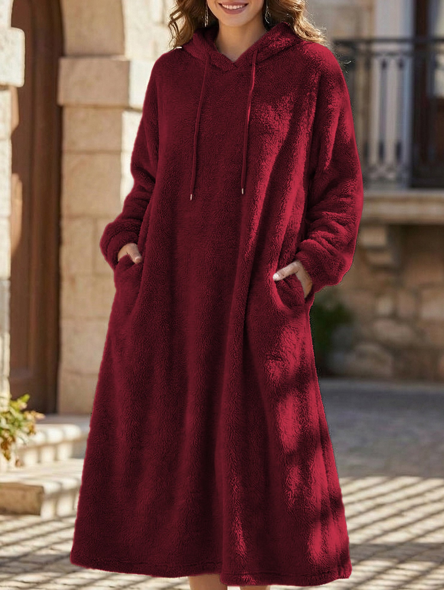 Loose-fitting hooded long-sleeved dress