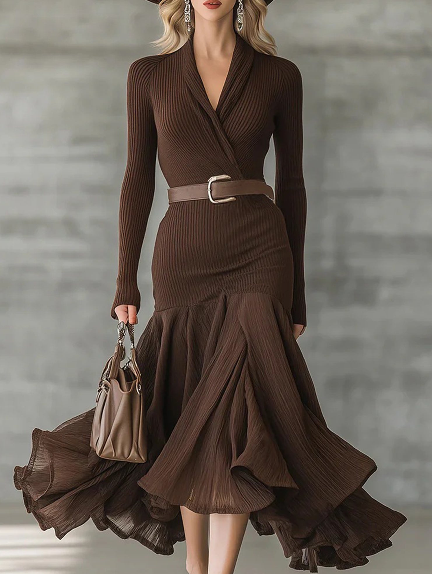 Solid color patchwork collar long-sleeved dress