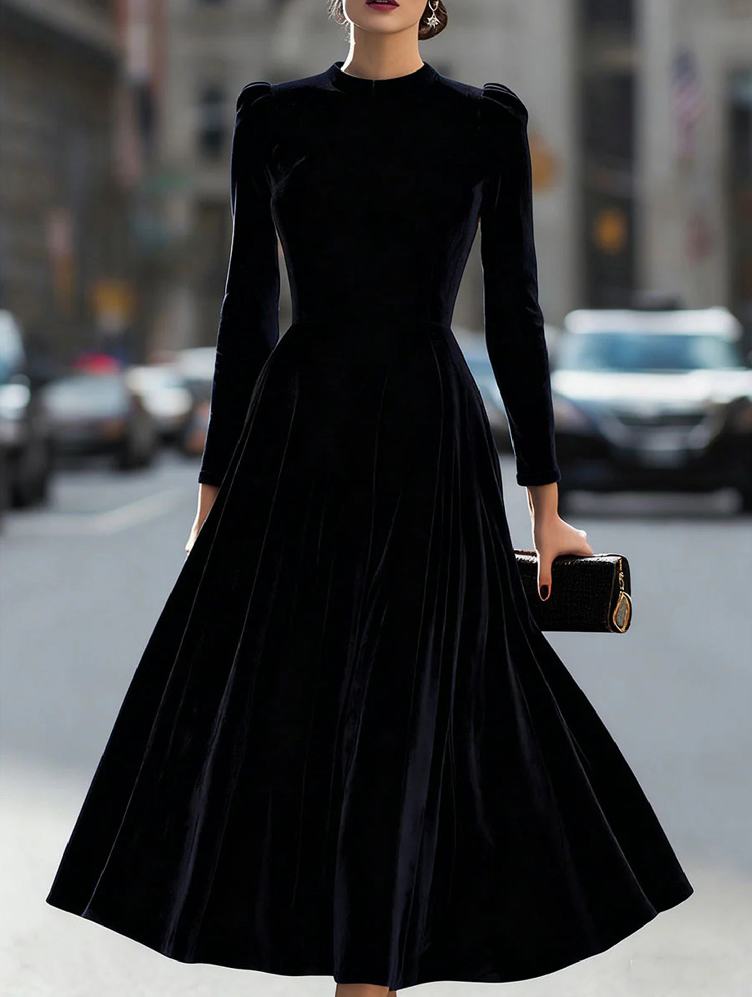 New velvet round neck long-sleeved dress