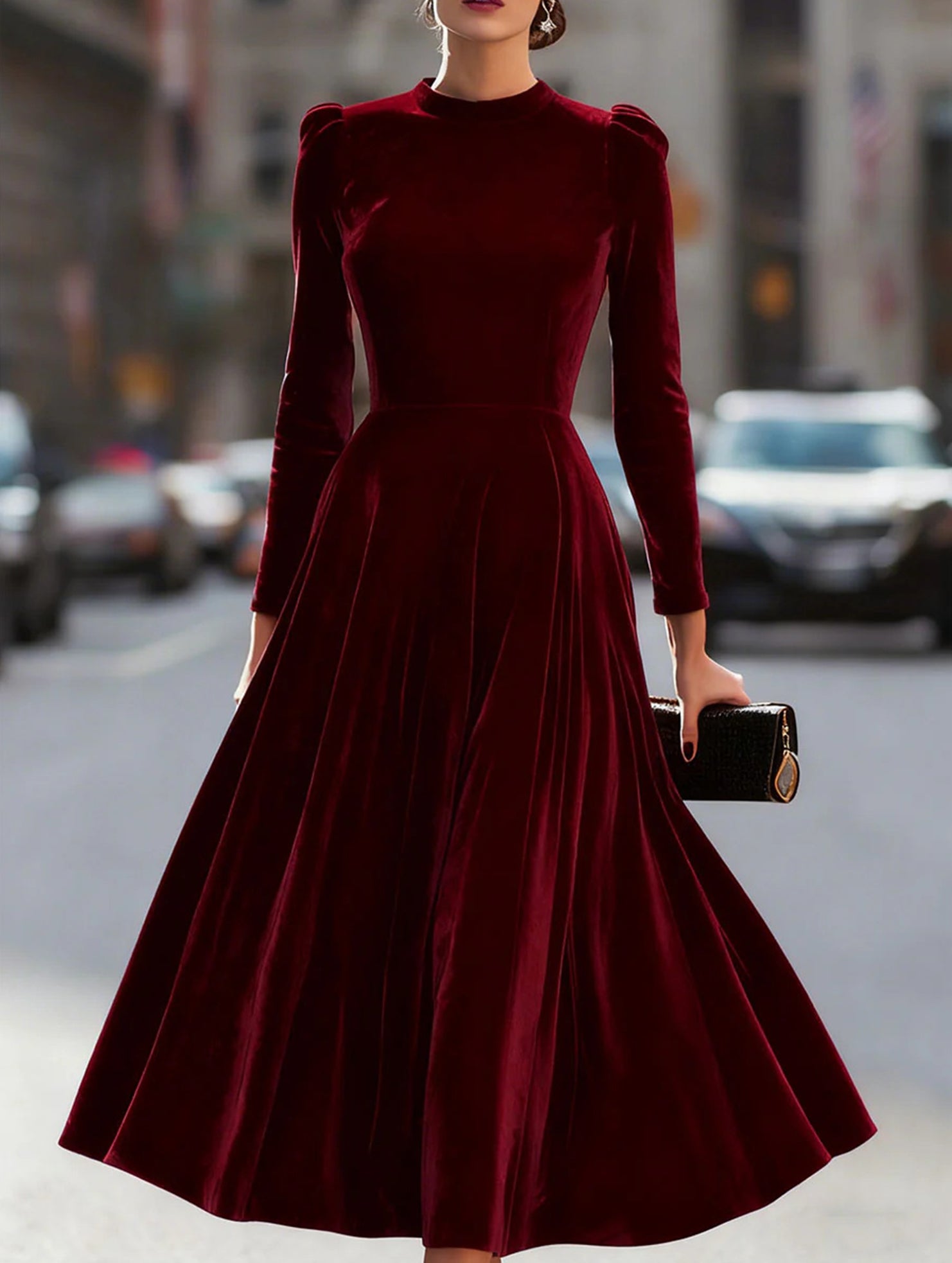 New velvet round neck long-sleeved dress