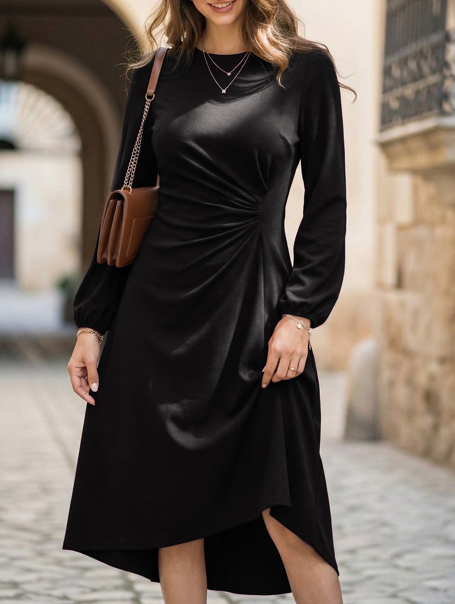 Stylish round neck slim-fit slit dress