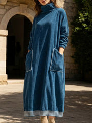 Relaxed style navy blue turtleneck dress