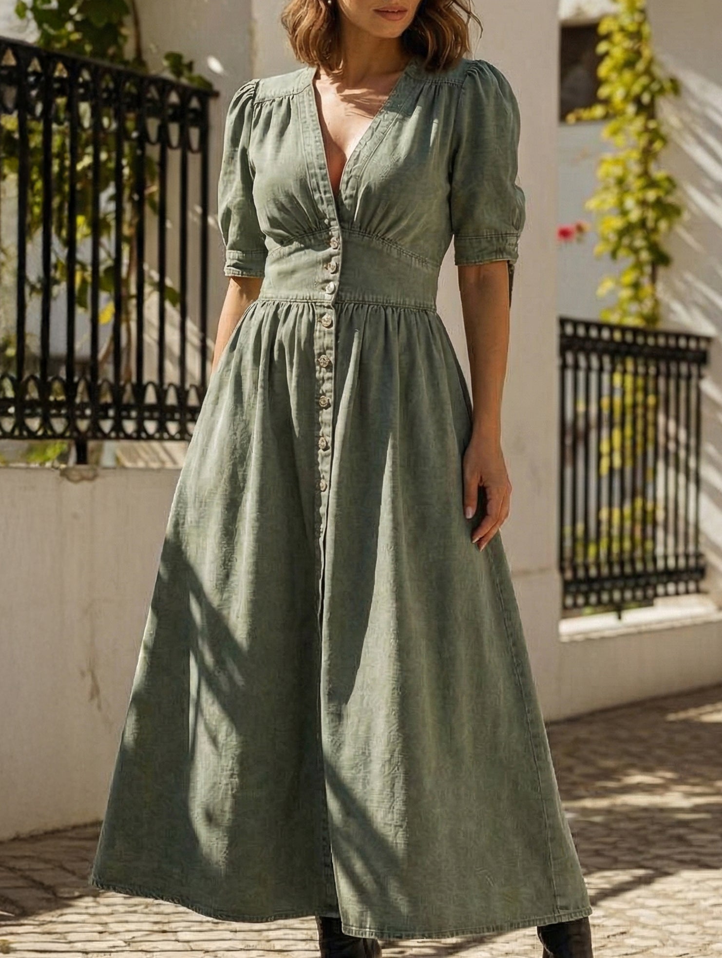 Stylish deep V-neck fitted shirt dress