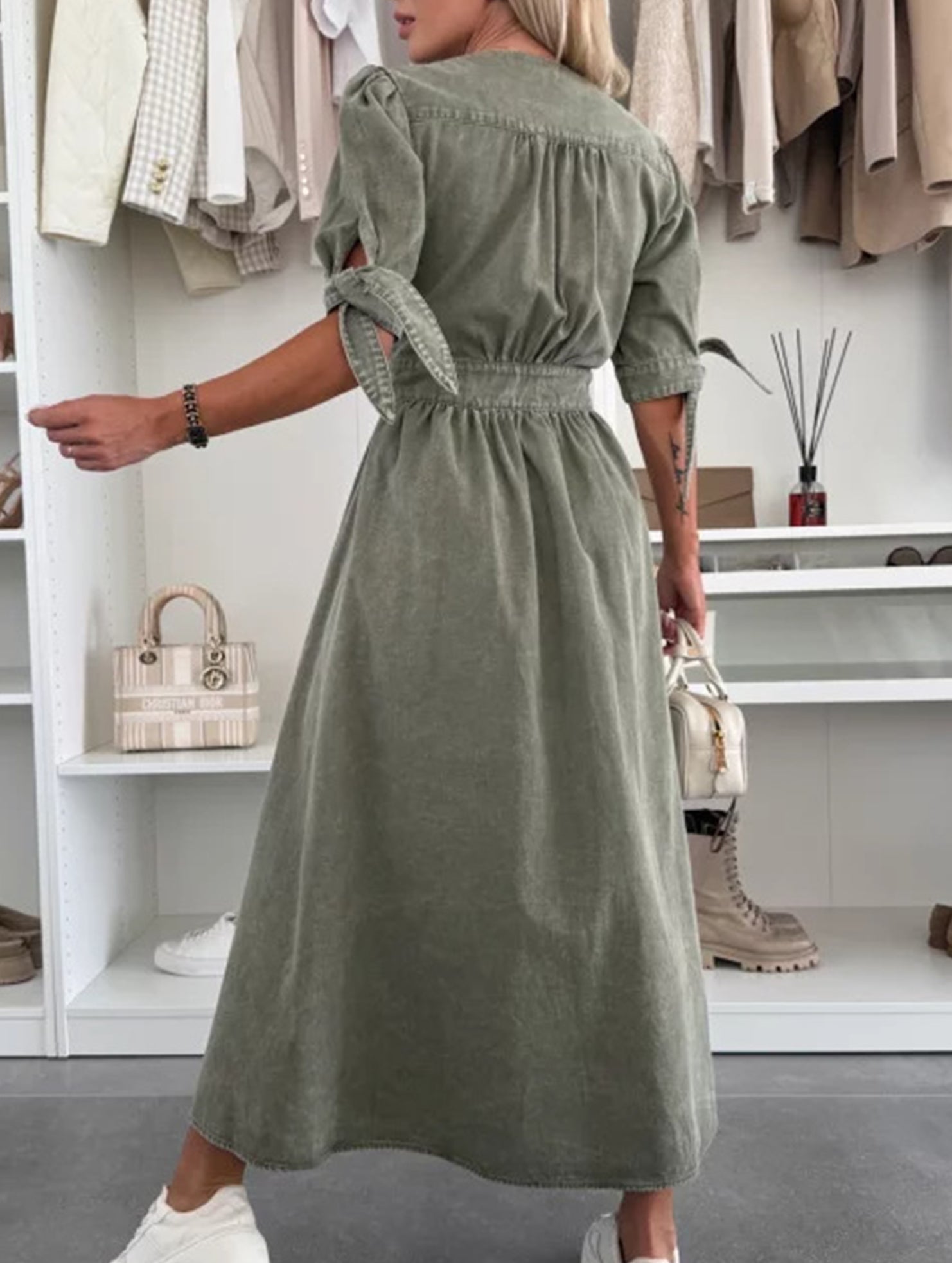 Stylish deep V-neck fitted shirt dress