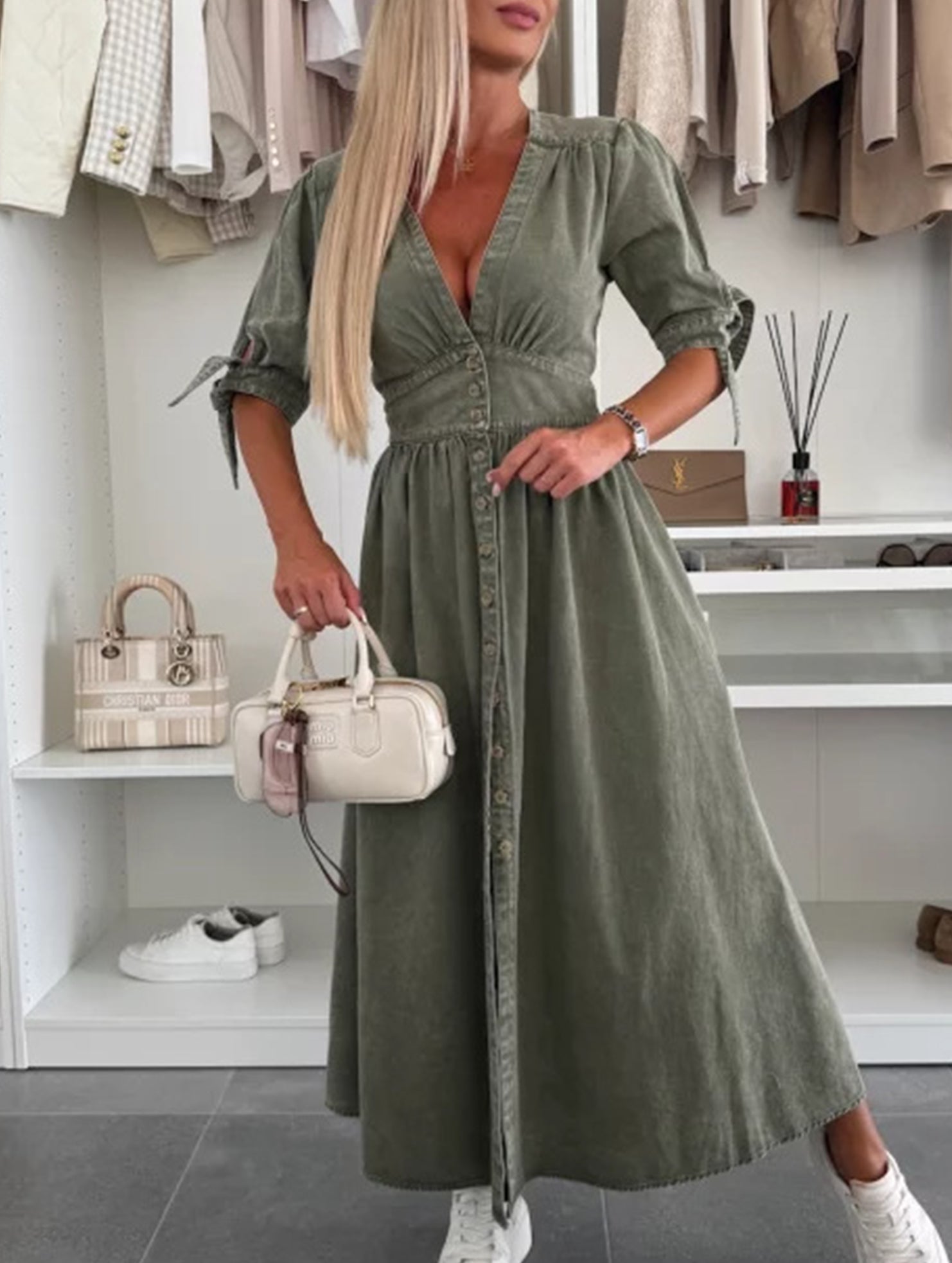 Stylish deep V-neck fitted shirt dress