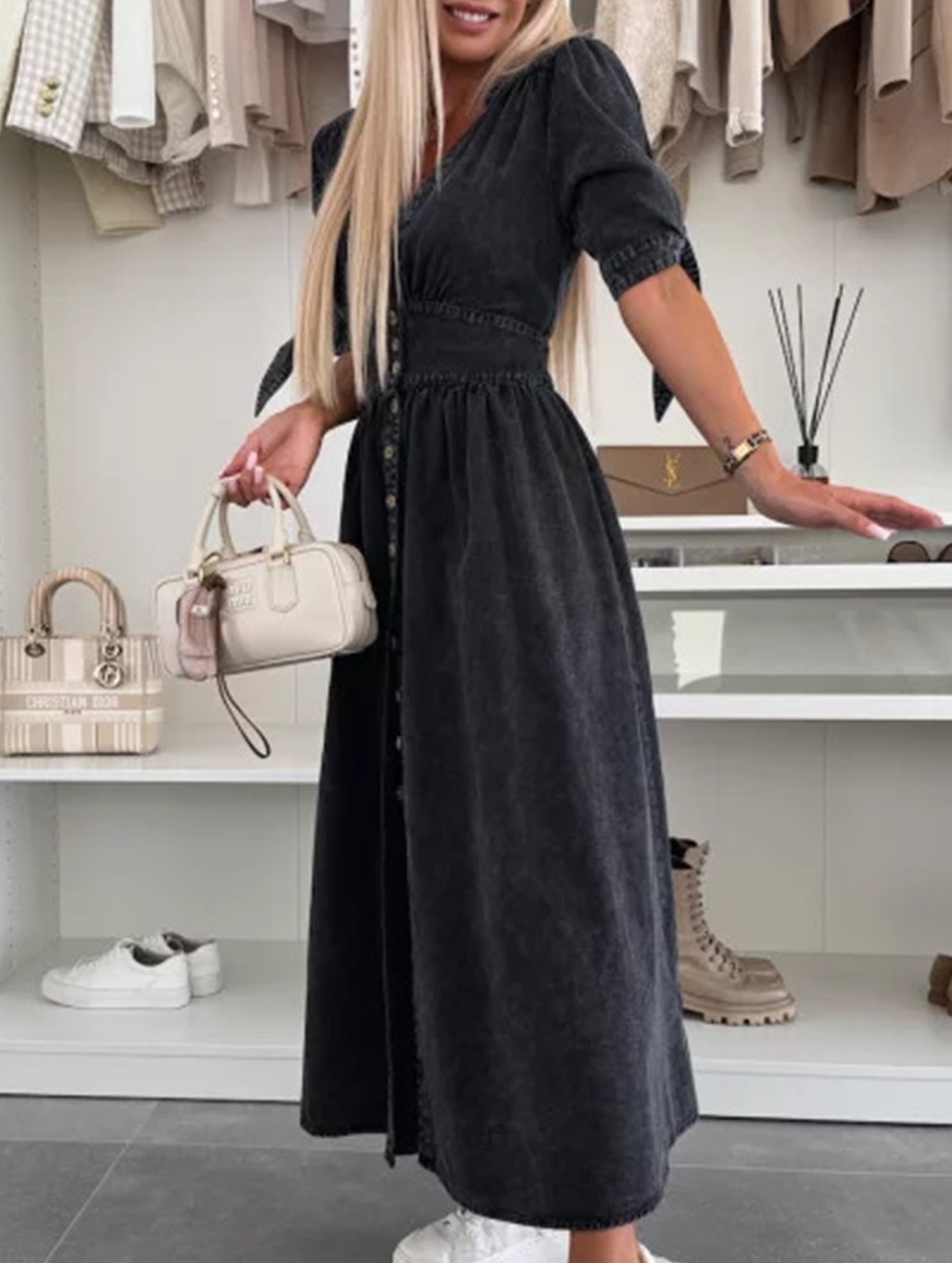 Stylish deep V-neck fitted shirt dress