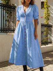 Stylish deep V-neck fitted shirt dress