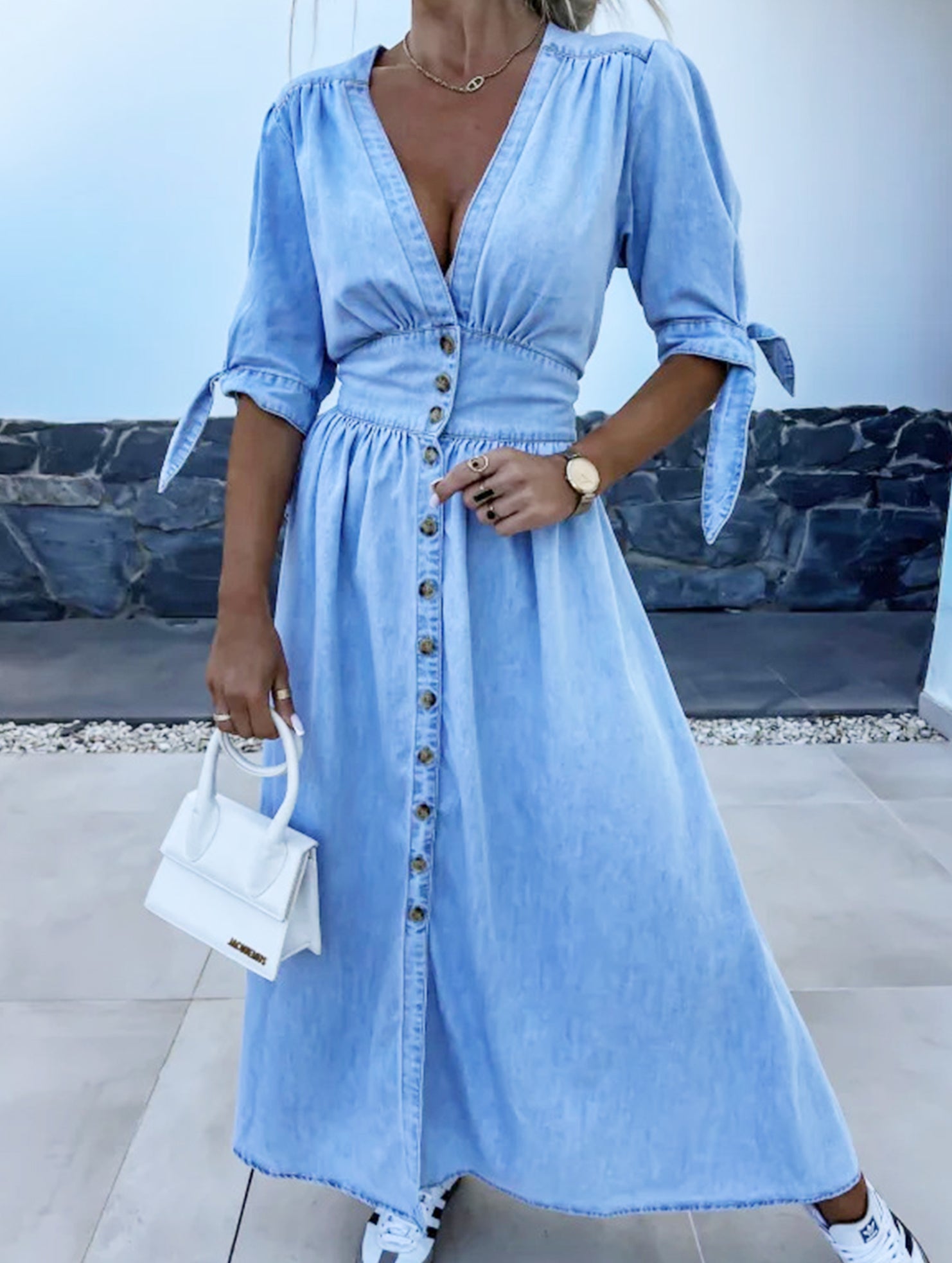 Stylish deep V-neck fitted shirt dress