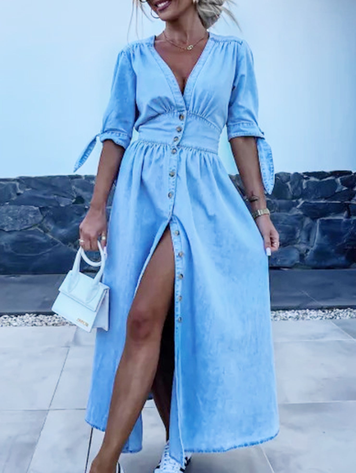 Stylish deep V-neck fitted shirt dress