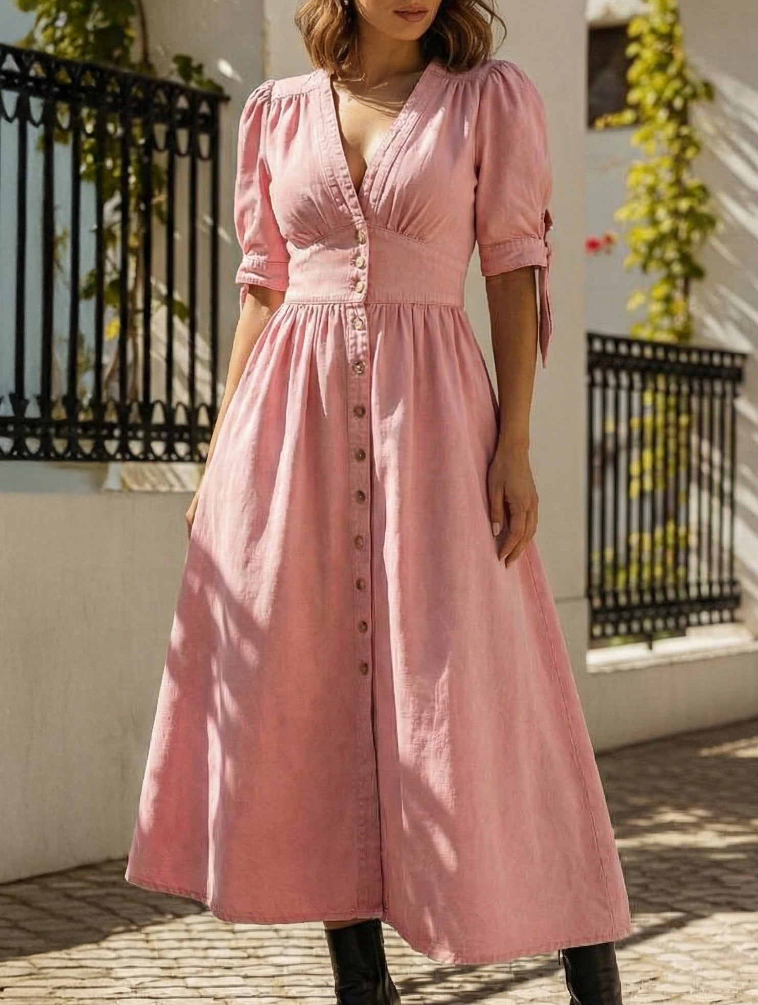 Stylish deep V-neck fitted shirt dress