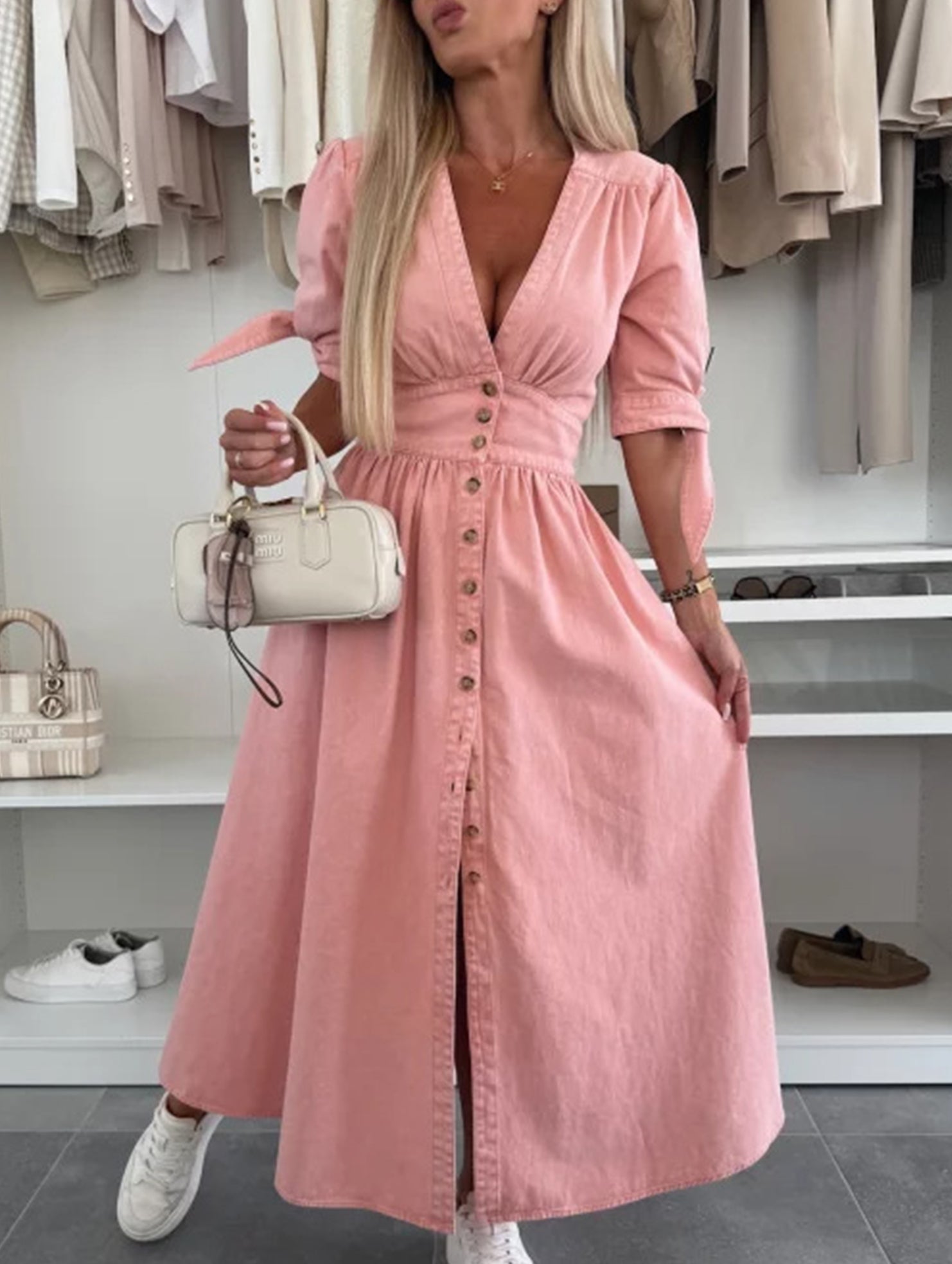 Stylish deep V-neck fitted shirt dress