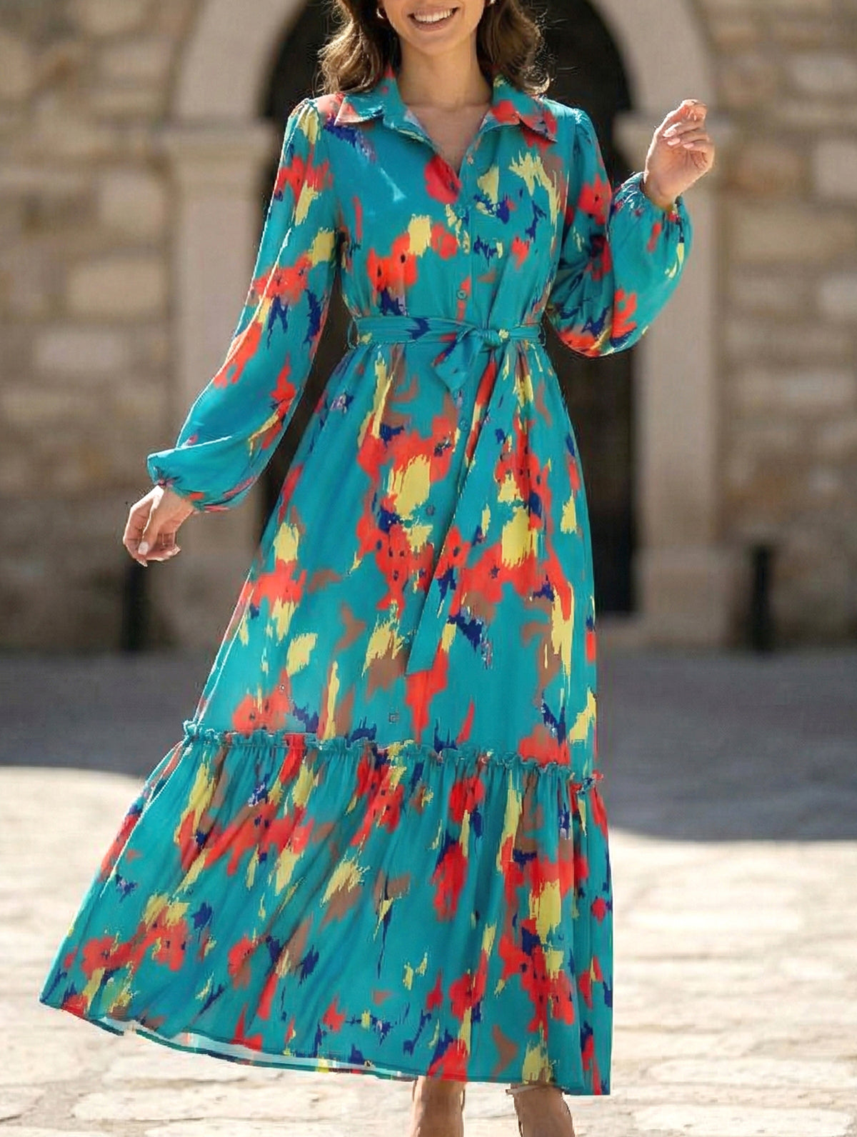 Printed tie-waist lantern sleeve dress for women