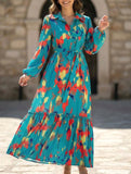 Printed tie-waist lantern sleeve dress for women