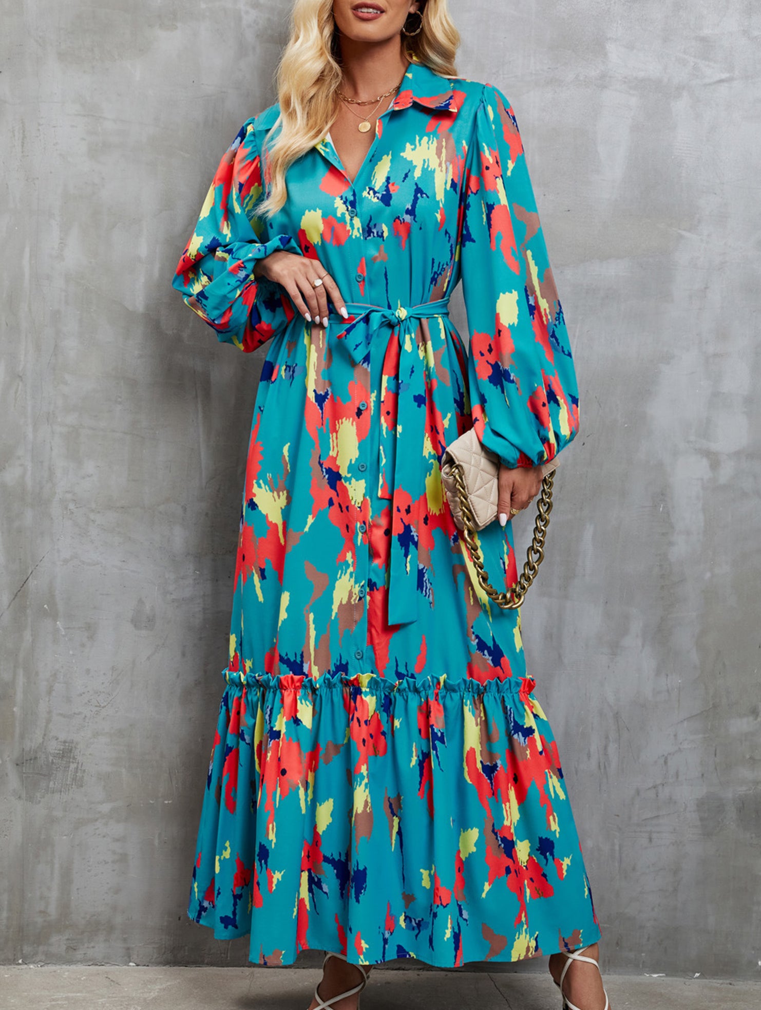 Printed tie-waist lantern sleeve dress for women