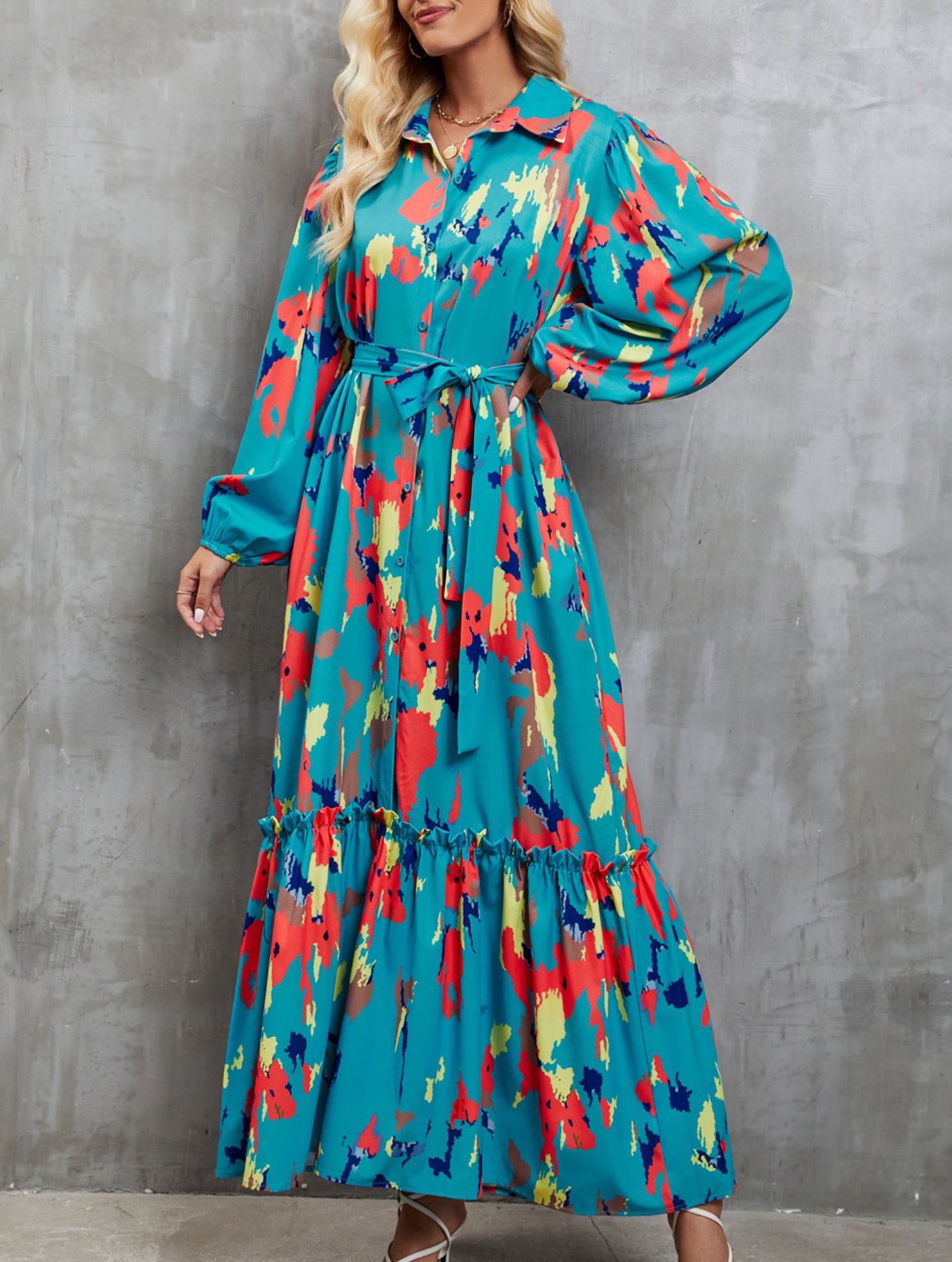 Printed tie-waist lantern sleeve dress for women