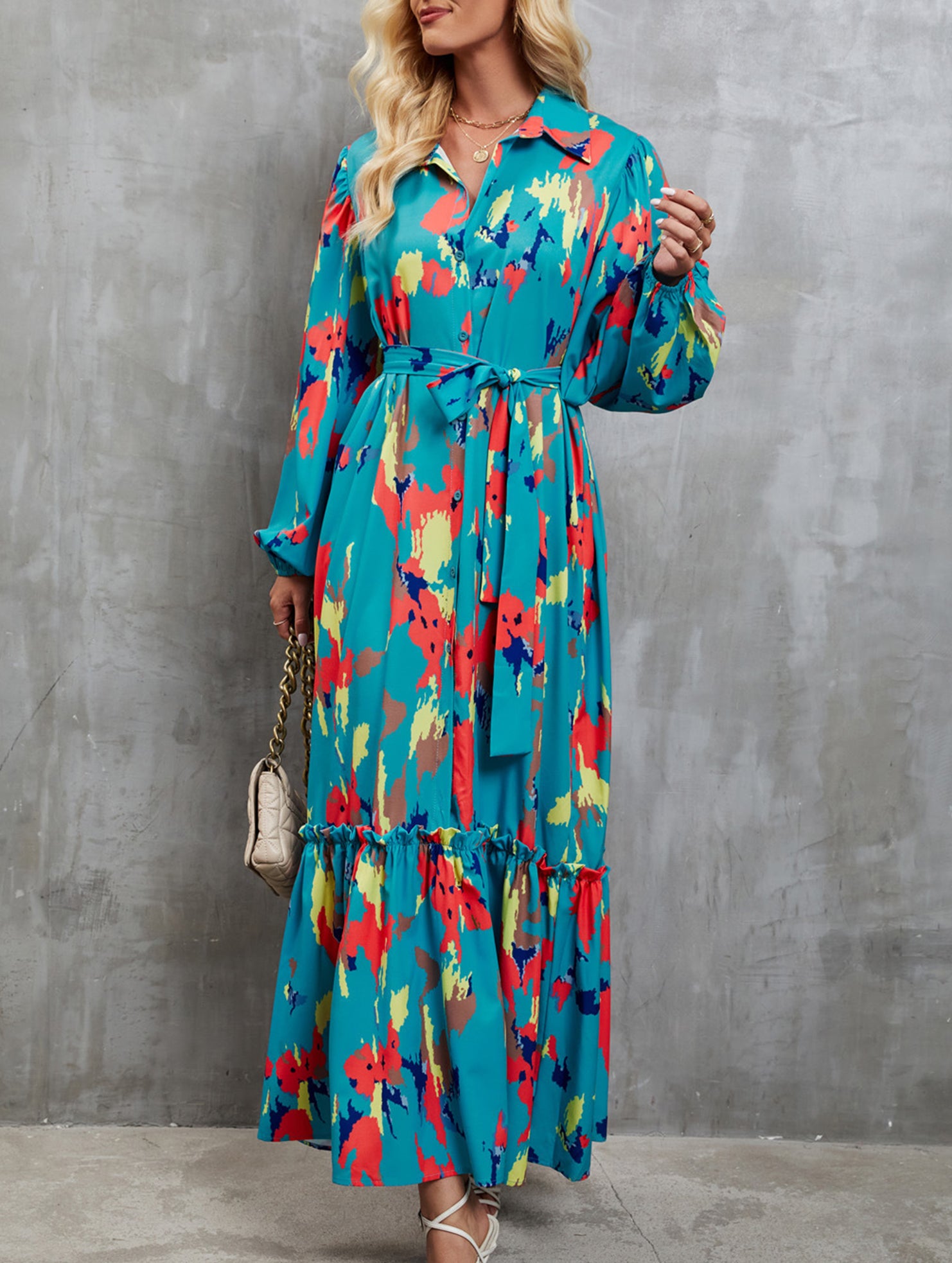 Printed tie-waist lantern sleeve dress for women