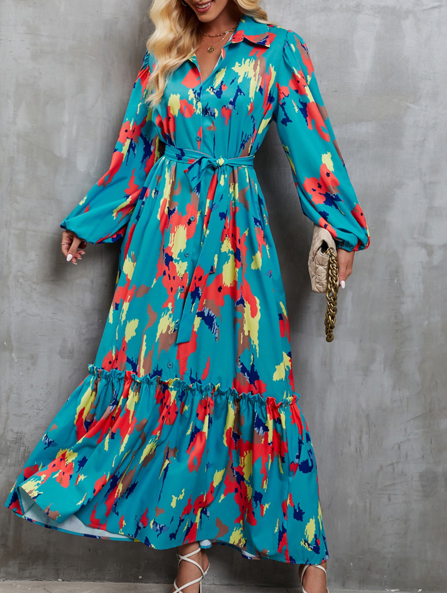 Printed tie-waist lantern sleeve dress for women