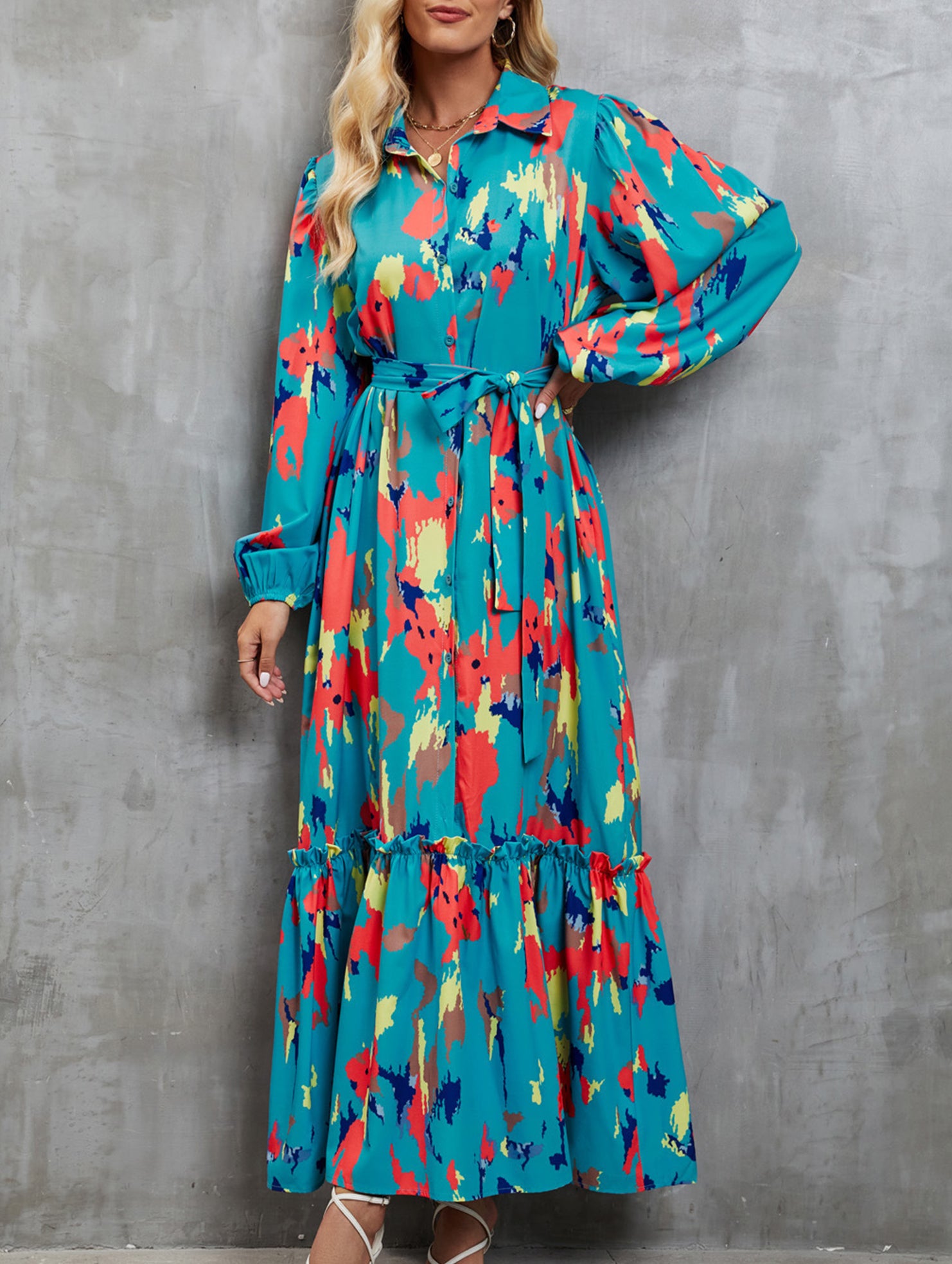 Printed tie-waist lantern sleeve dress for women