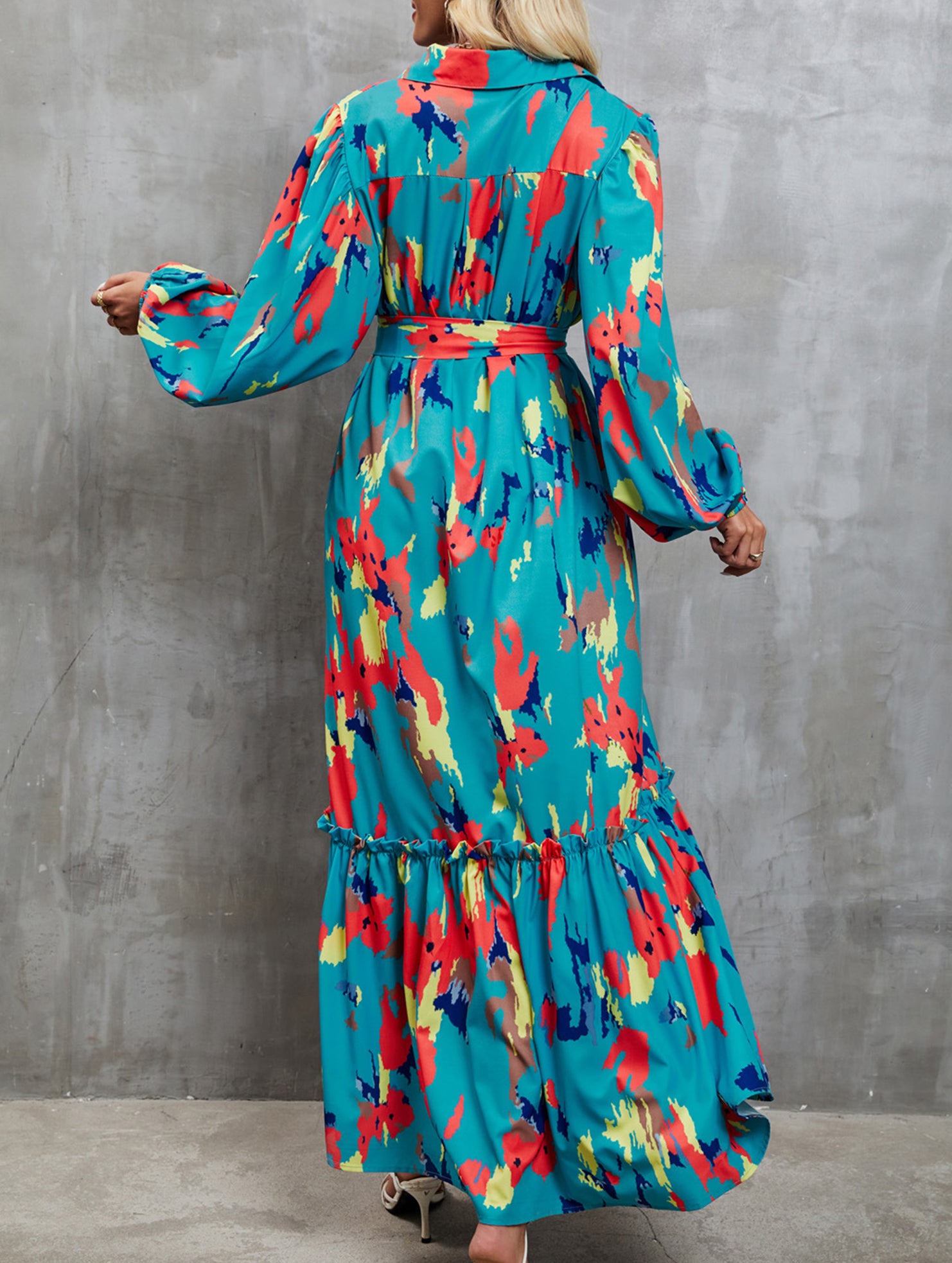 Printed tie-waist lantern sleeve dress for women