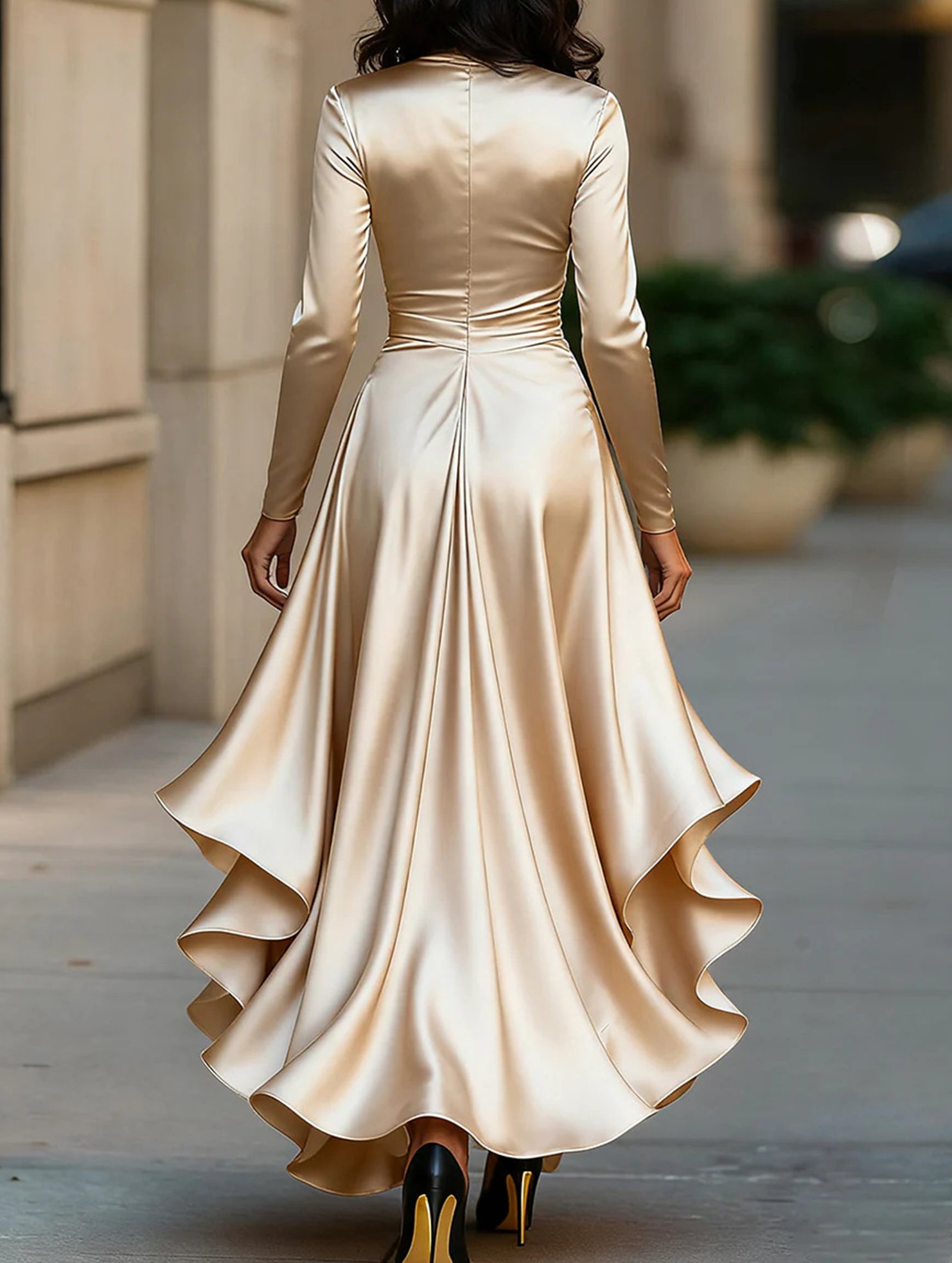 Satin V Neck Ruffle Waist Dress_CWDMD01859