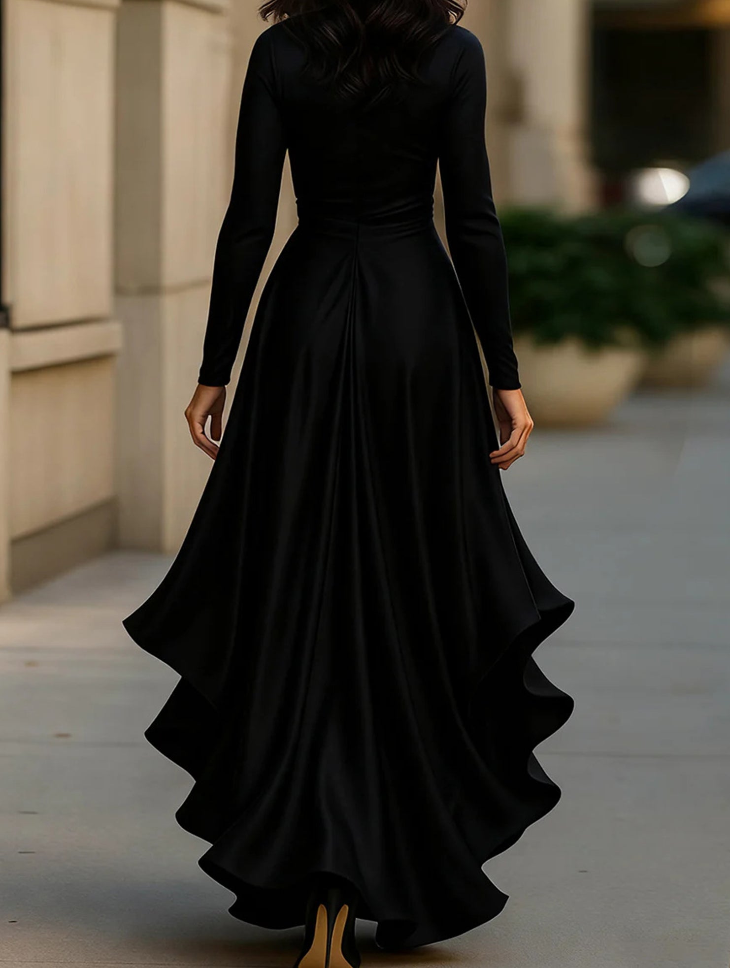 Satin V Neck Ruffle Waist Dress_CWDMD01859