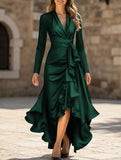 Satin V Neck Ruffle Waist Dress_CWDMD01859
