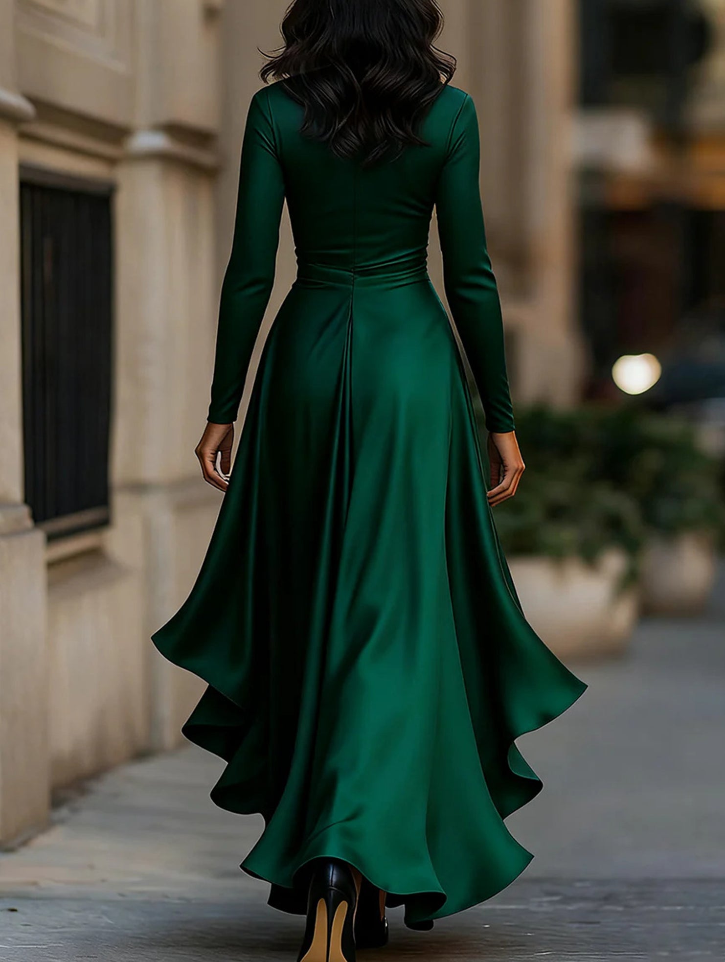 Satin V Neck Ruffle Waist Dress_CWDMD01859