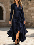 Satin V Neck Ruffle Waist Dress_CWDMD01859