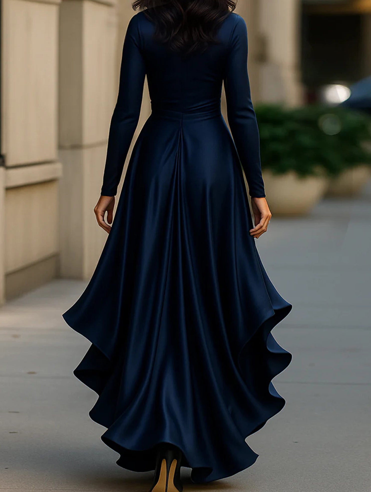 Satin V Neck Ruffle Waist Dress_CWDMD01859