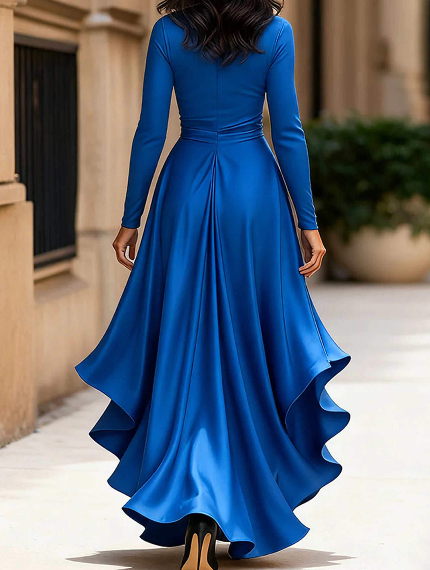 Satin V Neck Ruffle Waist Dress_CWDMD01859