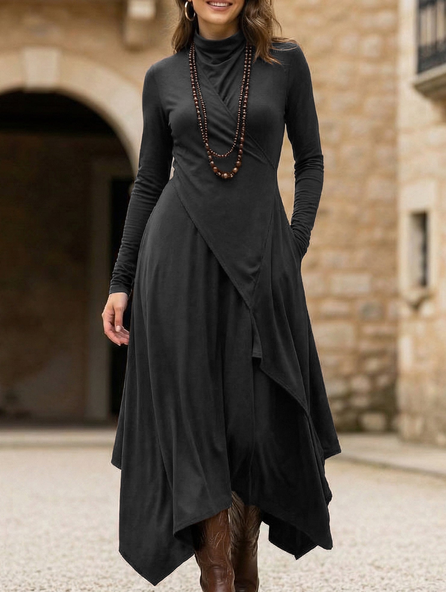 Long-sleeved crossover high-neck dress_CWDMD01860