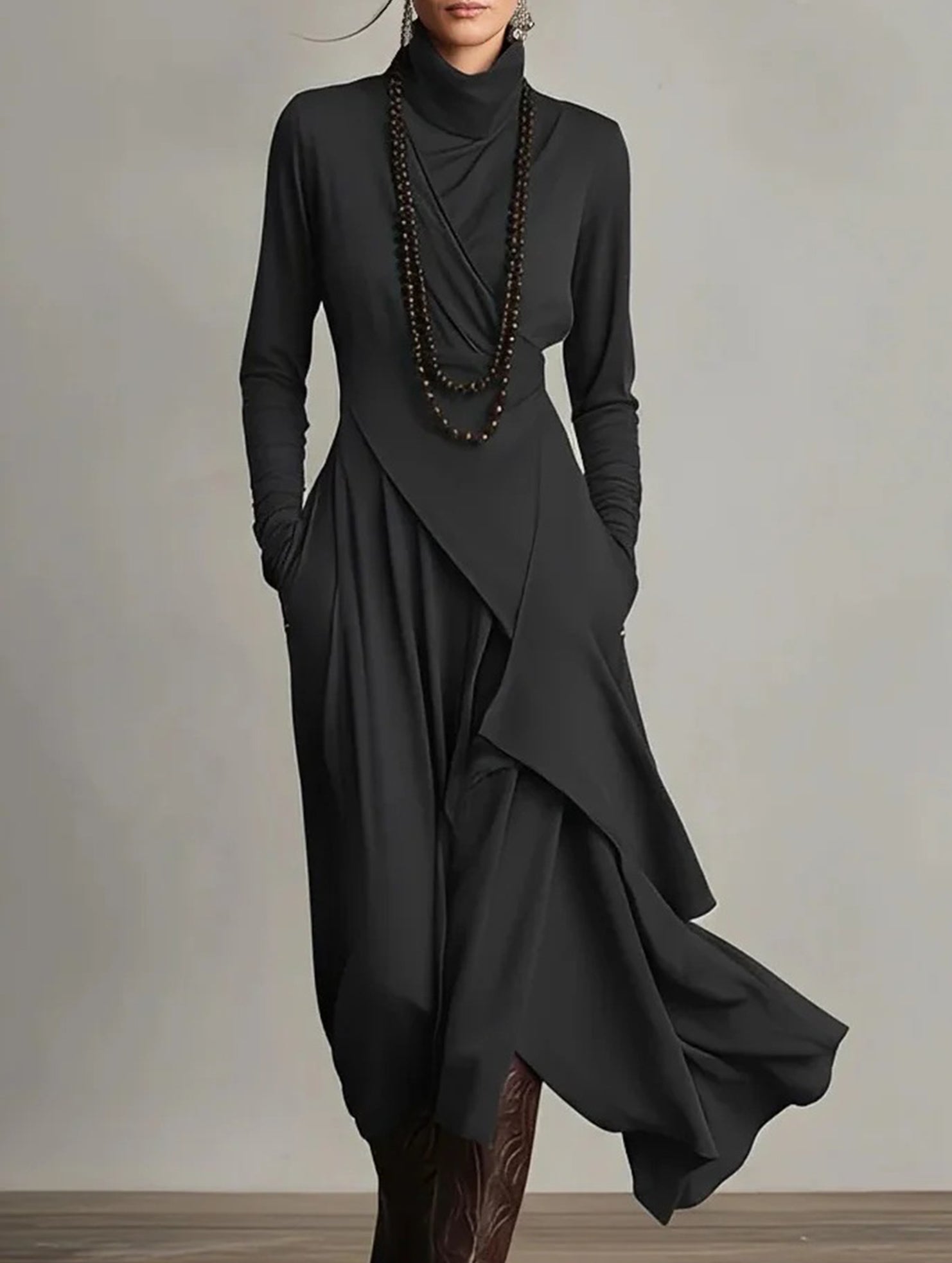 Long-sleeved crossover high-neck dress_CWDMD01860