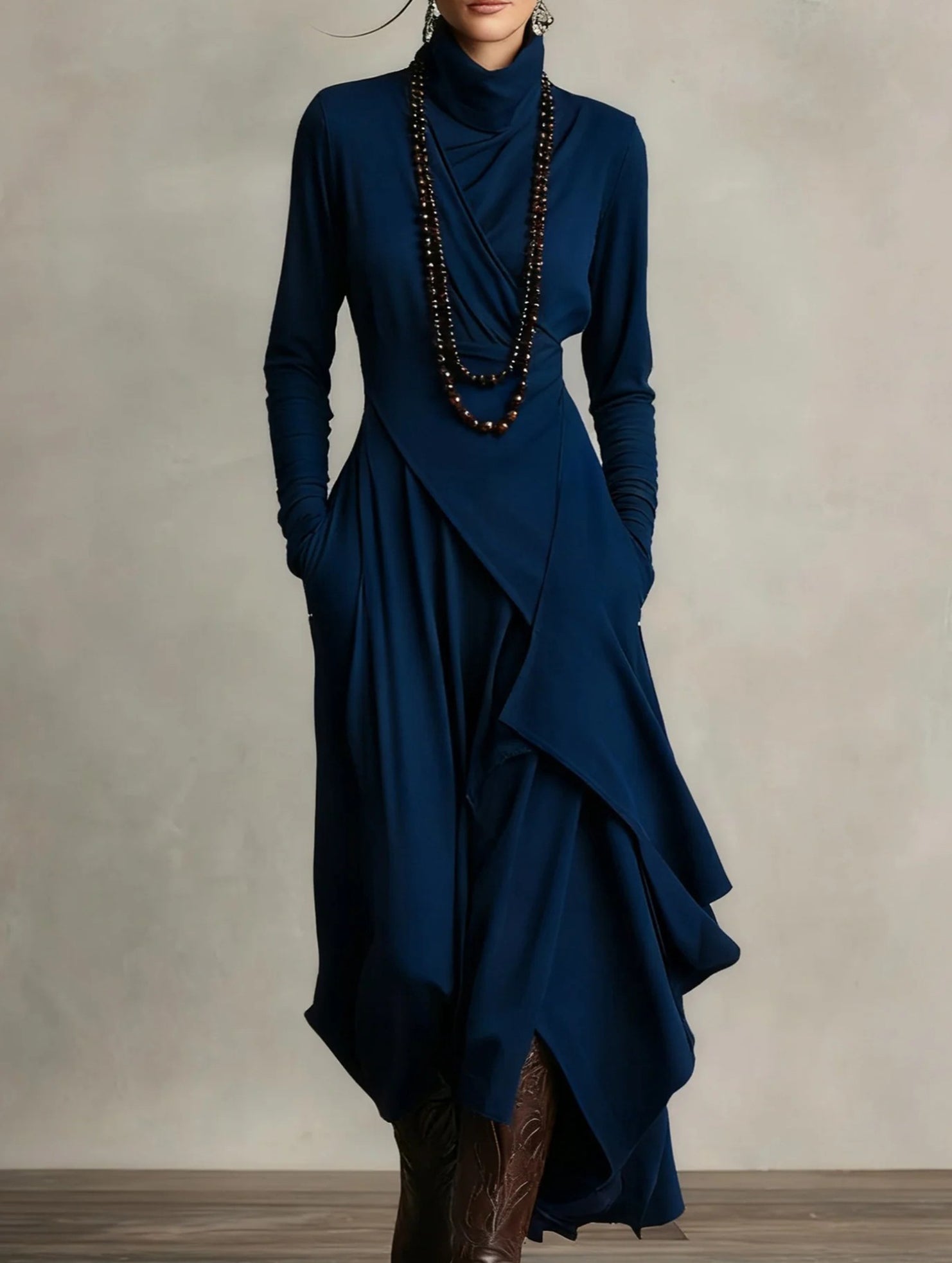 Long-sleeved crossover high-neck dress_CWDMD01860