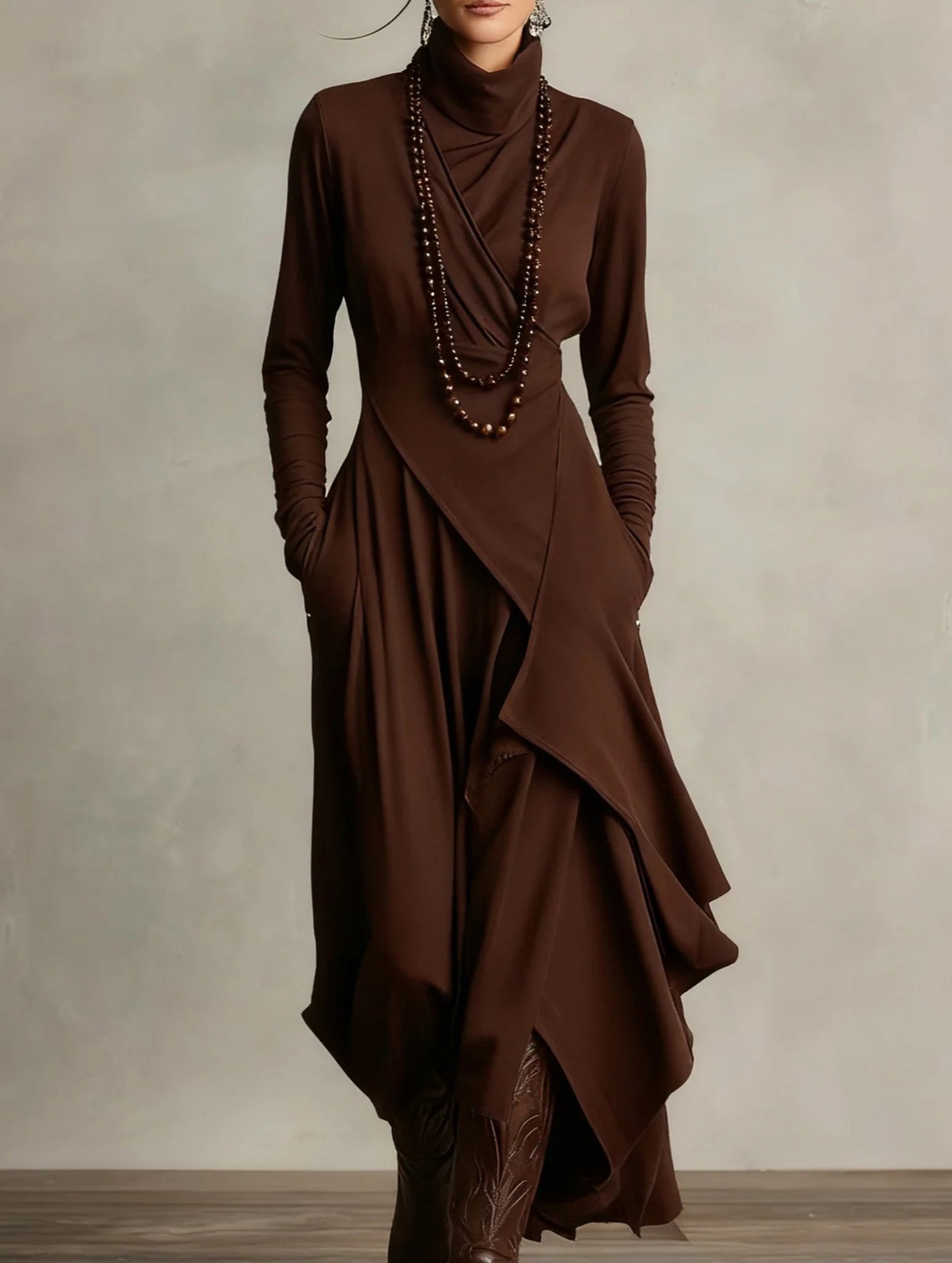 Long-sleeved crossover high-neck dress_CWDMD01860